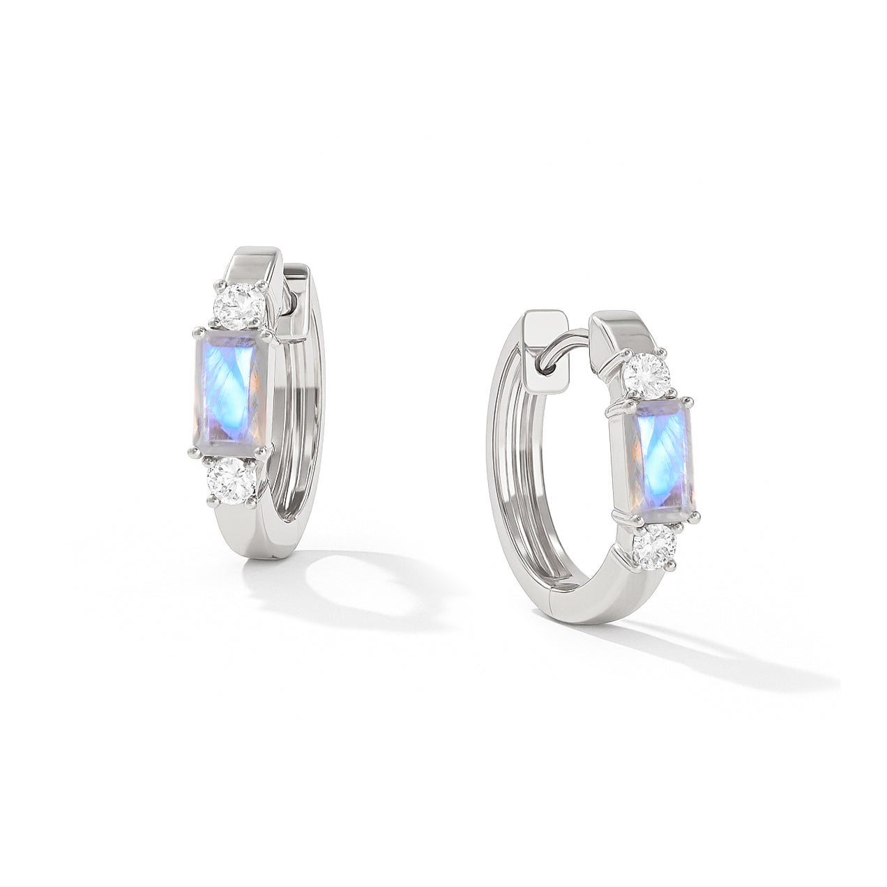 Natural Moonstone Baguette Hoop Earrings 925 Silver 5x3mm Stones