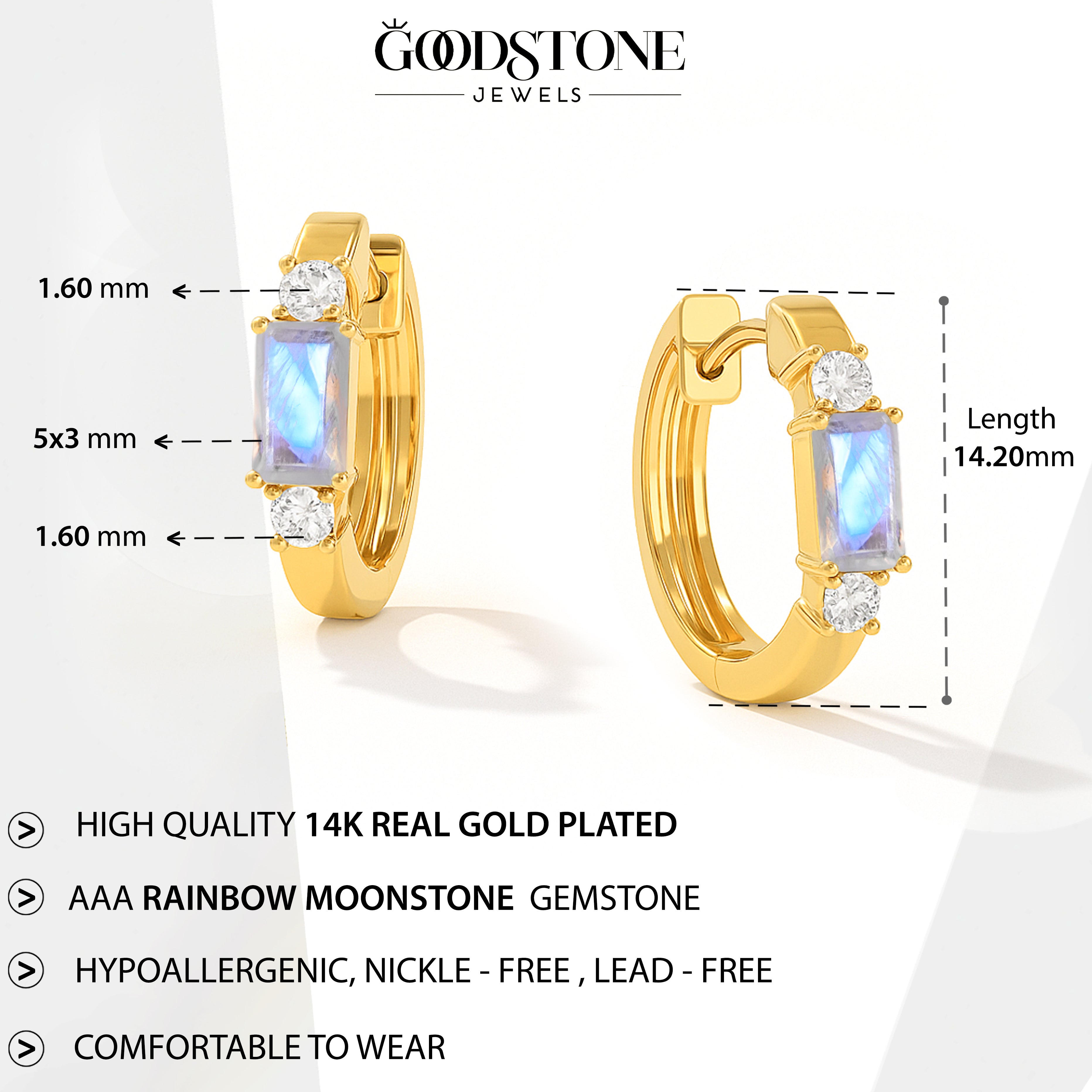 Natural Moonstone Baguette Hoop Earrings 925 Silver 5x3mm Stones