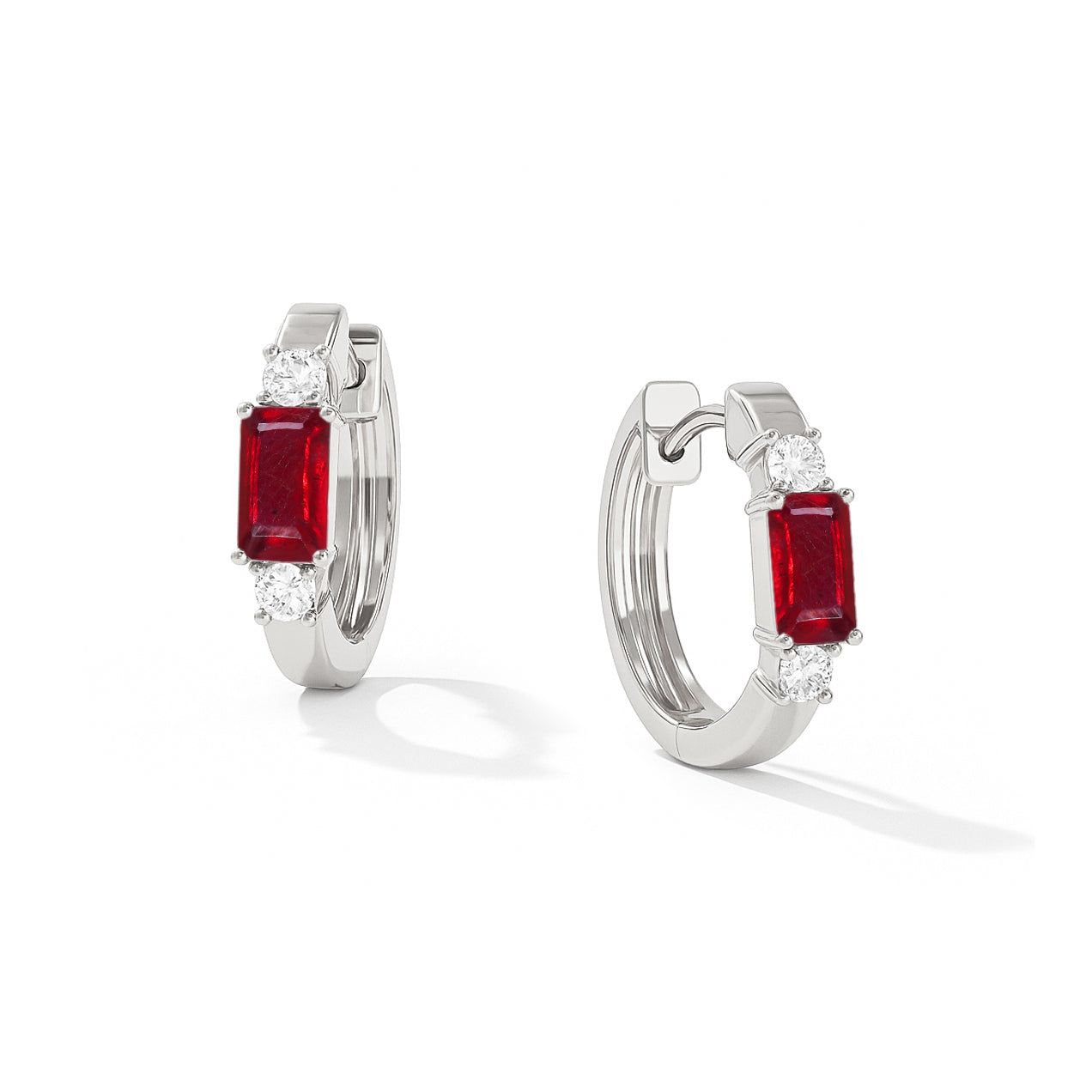Natural Ruby Baguette Hoop Earrings 925 Silver 5x3mm Stones