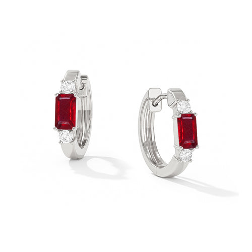 Natural Ruby Baguette Hoop Earrings 925 Silver 5x3mm Stones