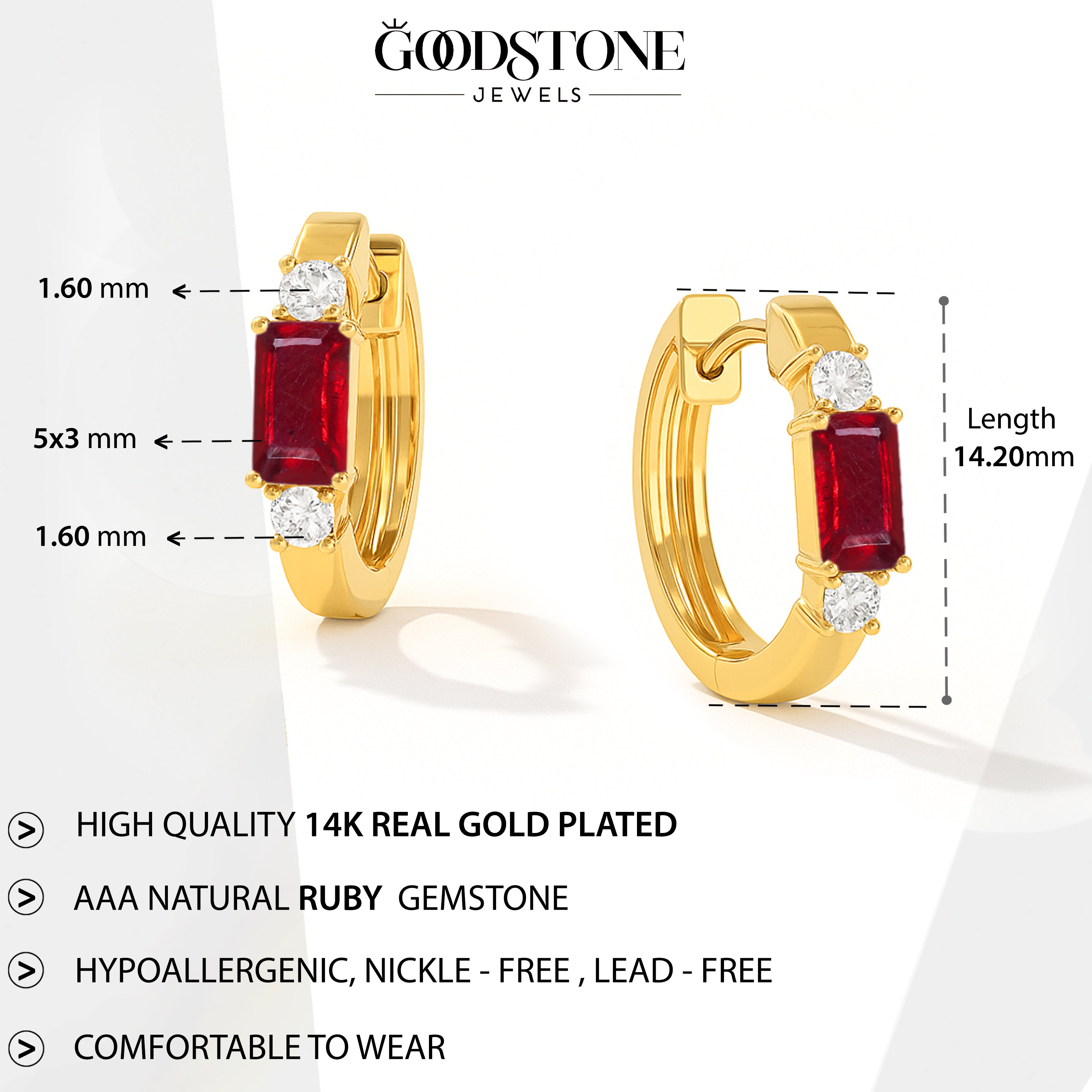 Natural Ruby Baguette Hoop Earrings 925 Silver 5x3mm Stones