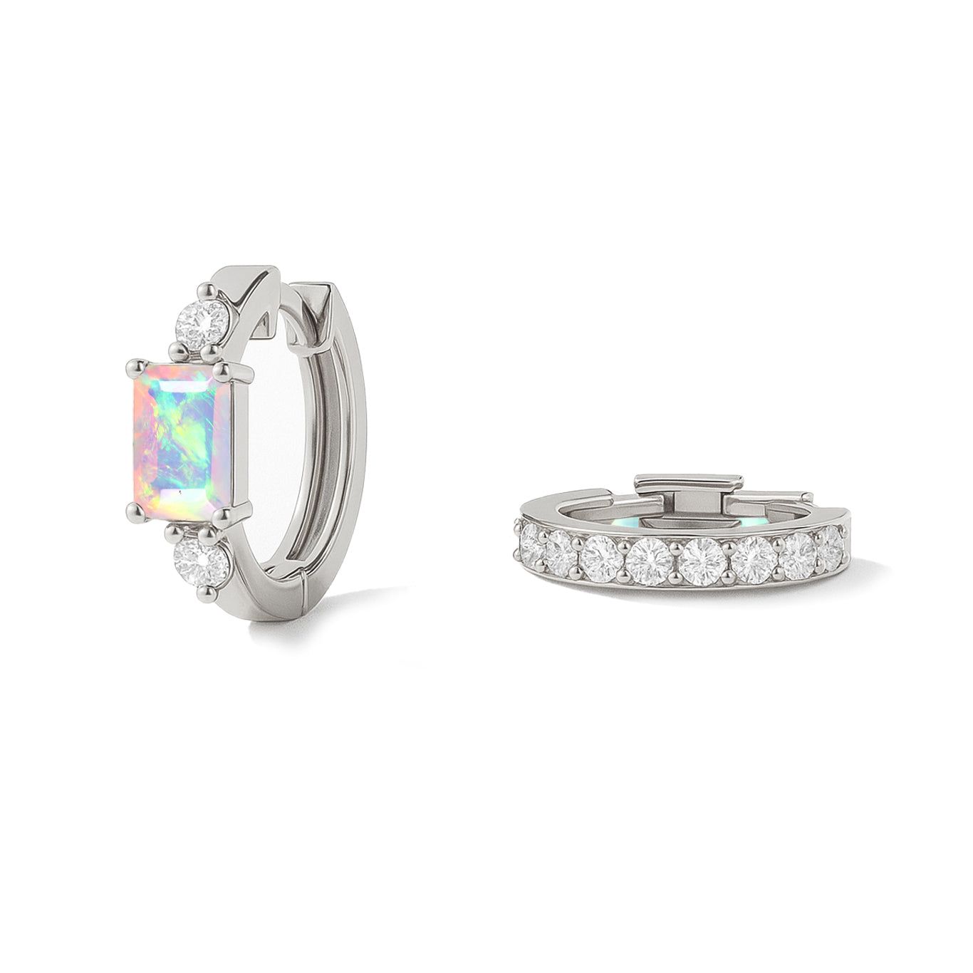 Natural White Opal Baguette Hoop Earrings 925 Silver 5x3mm Stones