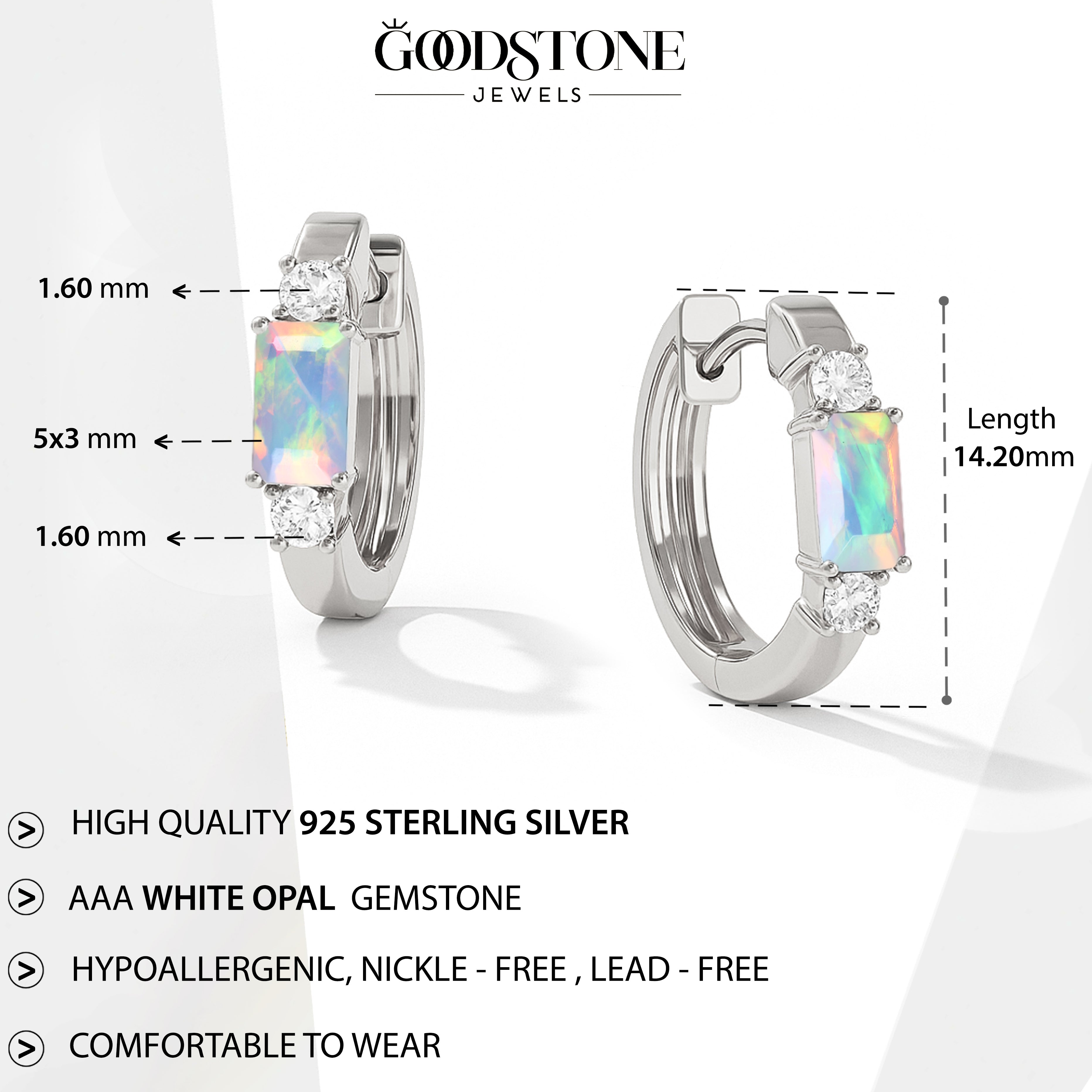 Natural White Opal Baguette Hoop Earrings 925 Silver 5x3mm Stones