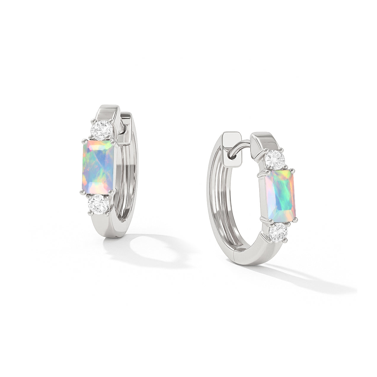 Natural White Opal Baguette Hoop Earrings 925 Silver 5x3mm Stones