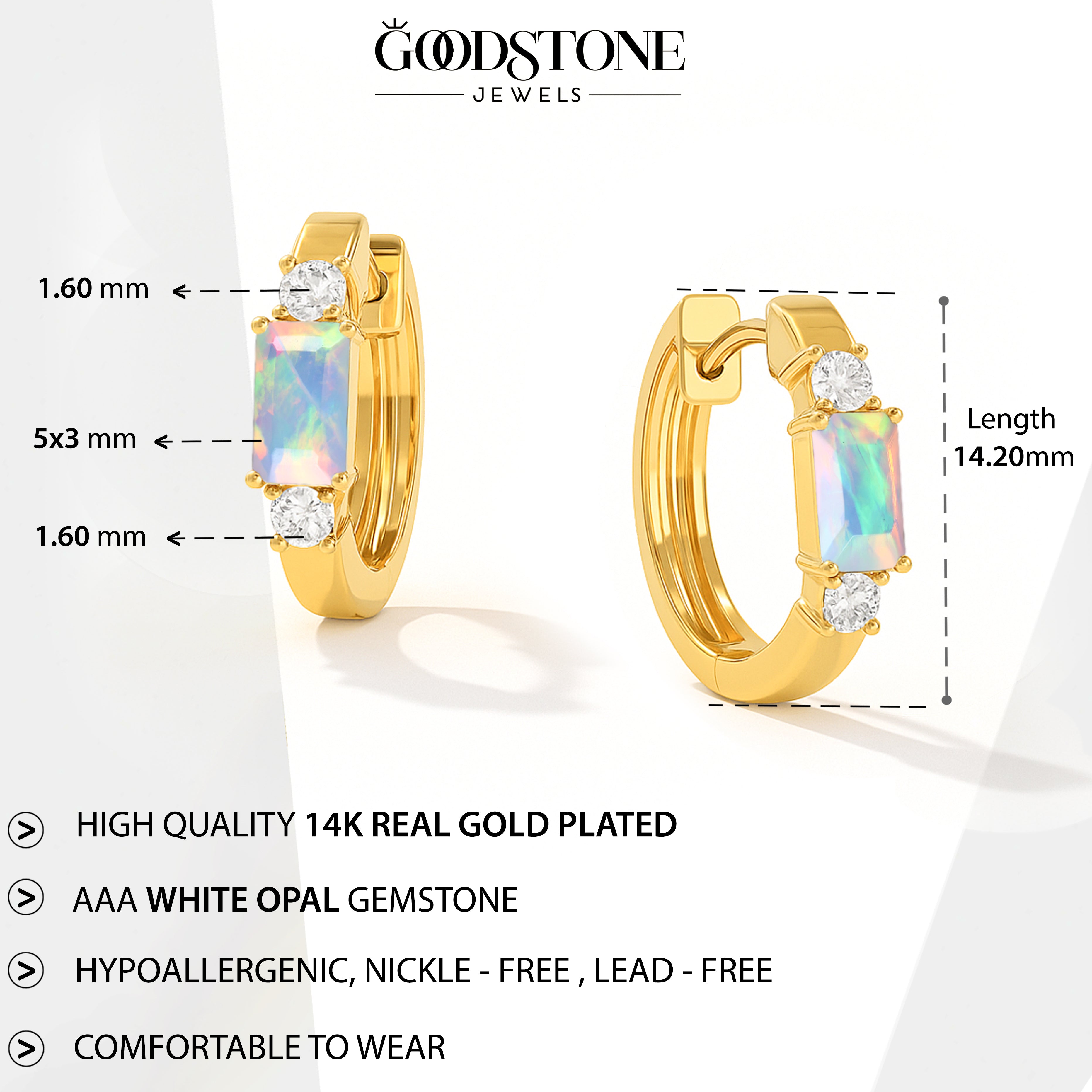 Natural White Opal Baguette Hoop Earrings 925 Silver 5x3mm Stones