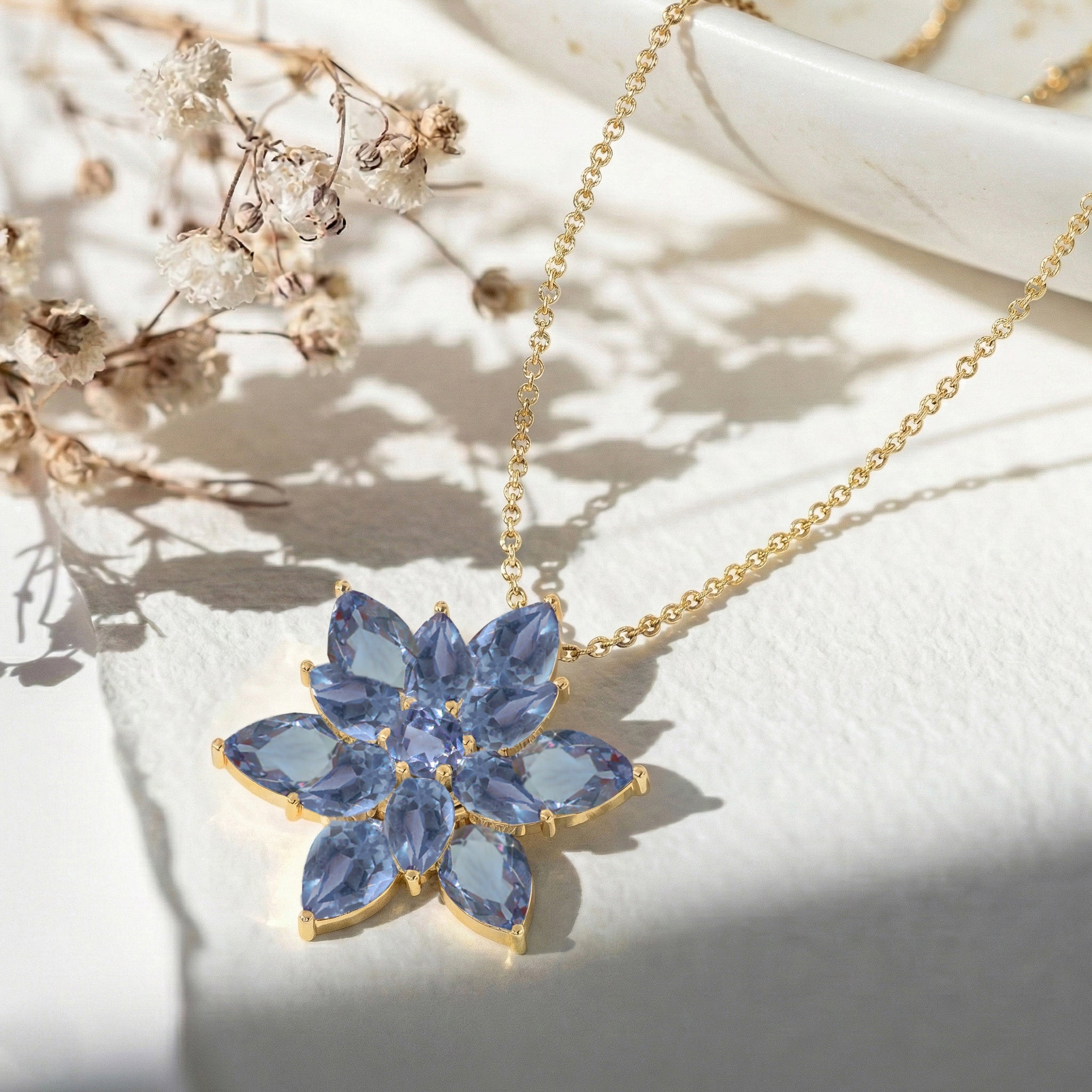 Alexandrite Pear Floral Pendant Necklace in 925 Sterling Silver 5.70ct