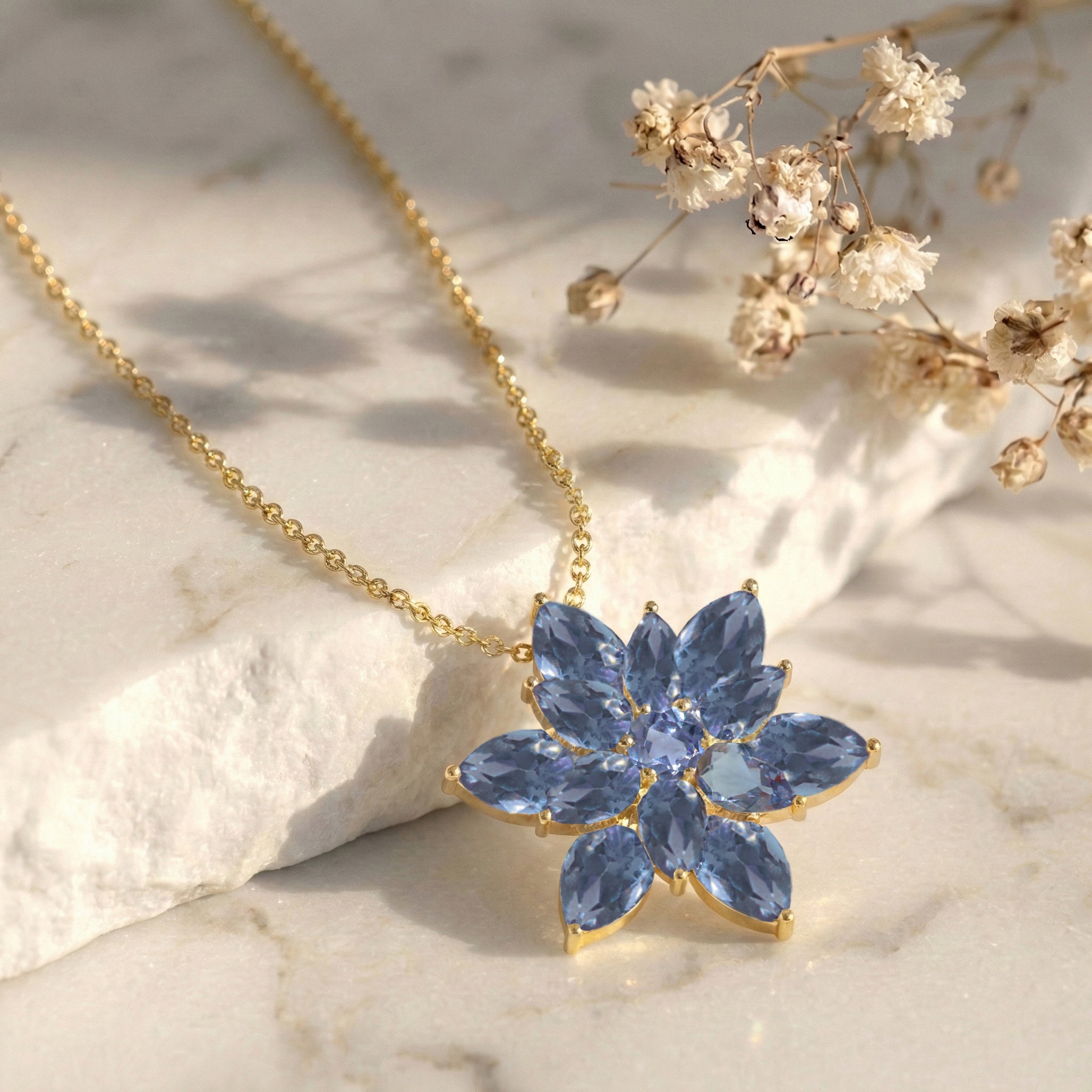 Alexandrite Pear Floral Pendant Necklace in 925 Sterling Silver 5.70ct