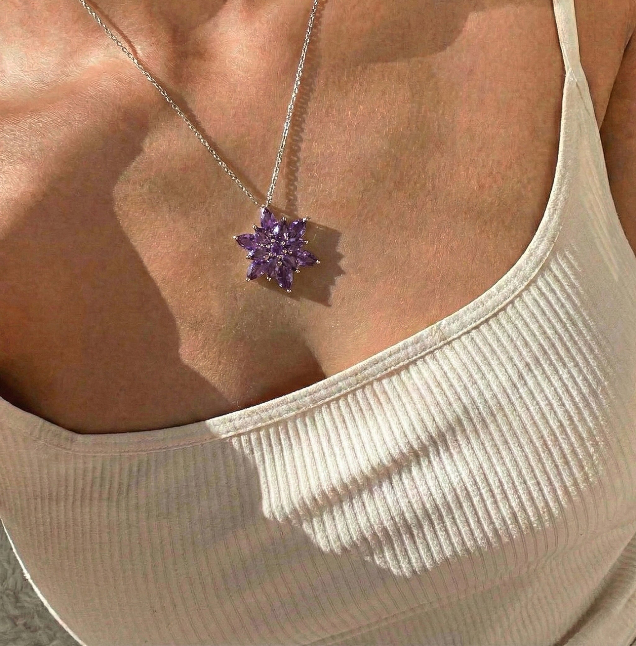 Amethyst Pear Floral Pendant Necklace in 925 Sterling Silver 5.70ct
