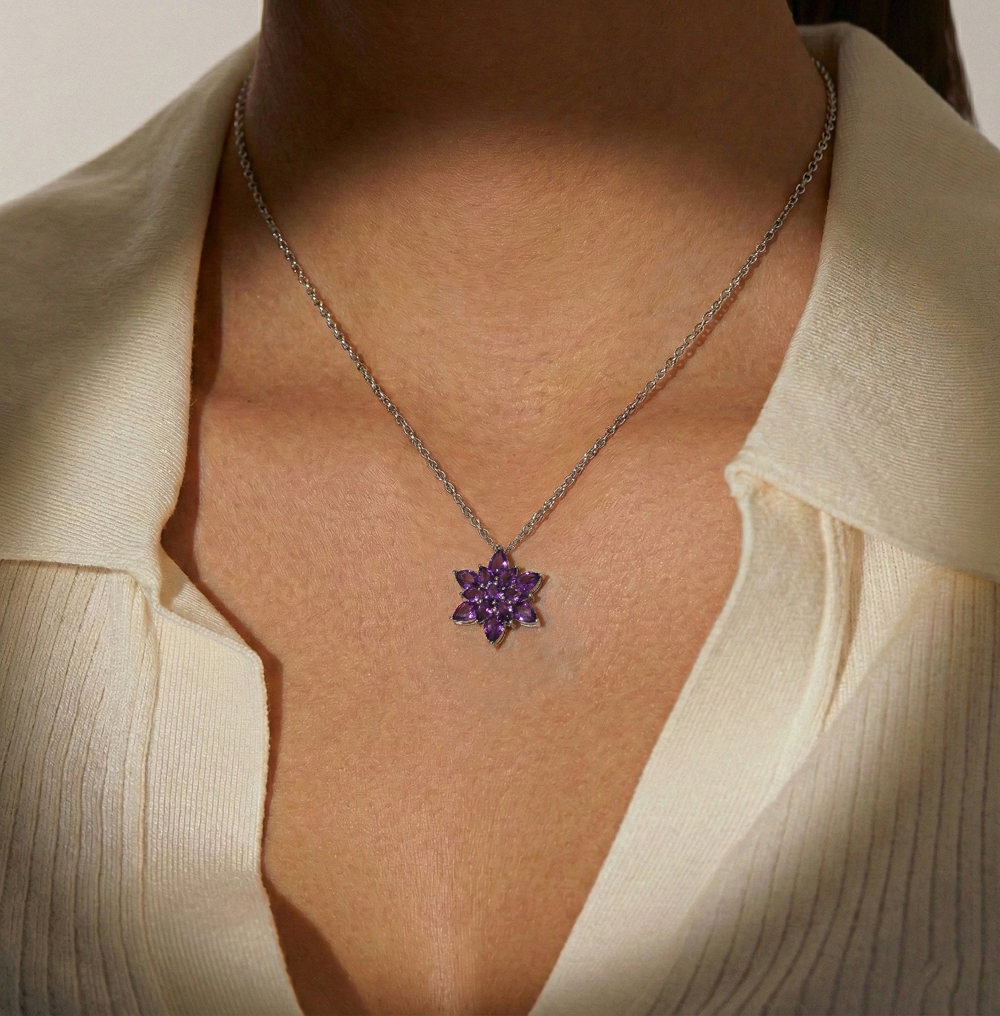 Amethyst Pear Floral Pendant Necklace in 925 Sterling Silver 5.70ct
