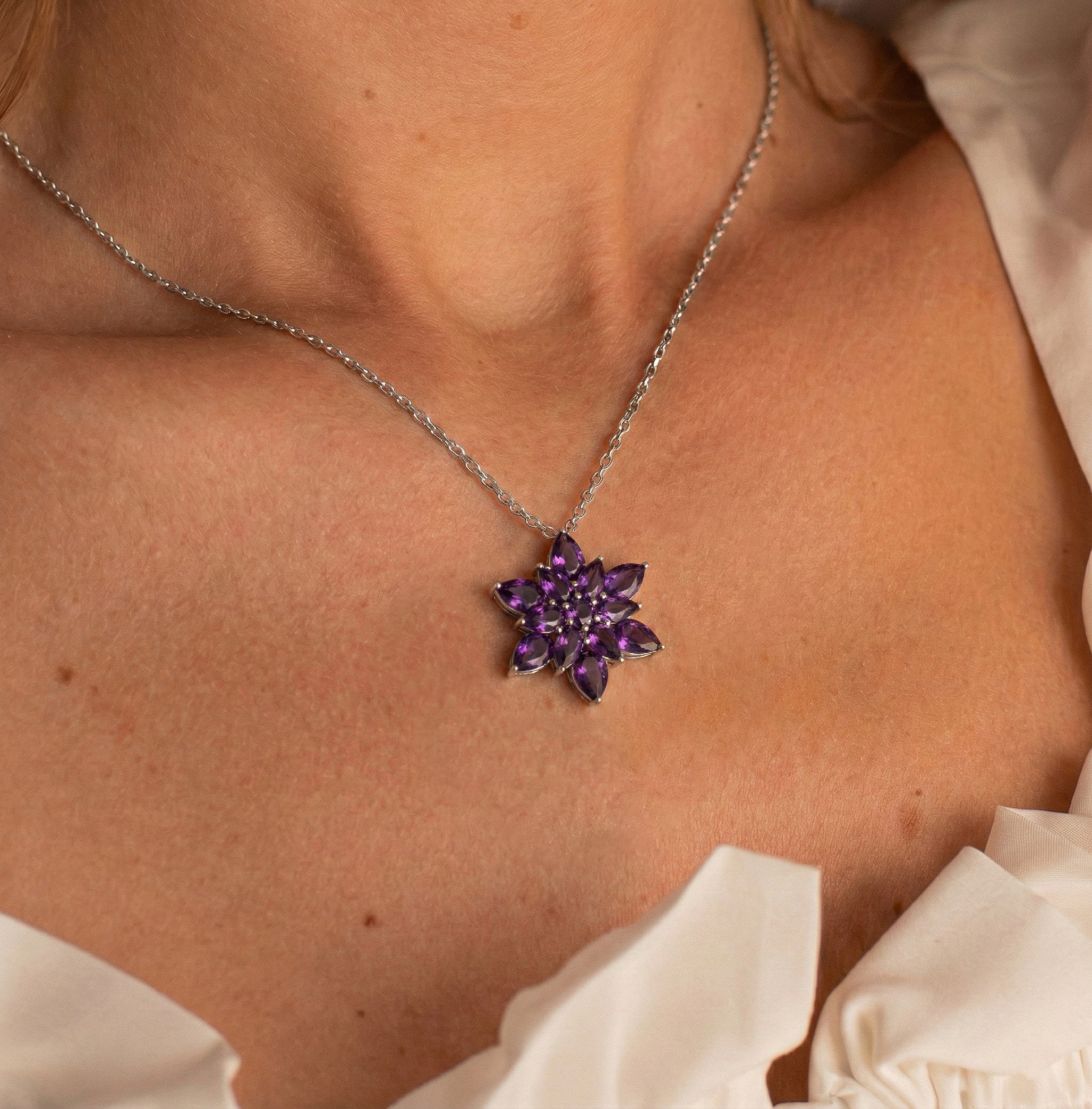 Amethyst Pear Floral Pendant Necklace in 925 Sterling Silver 5.70ct
