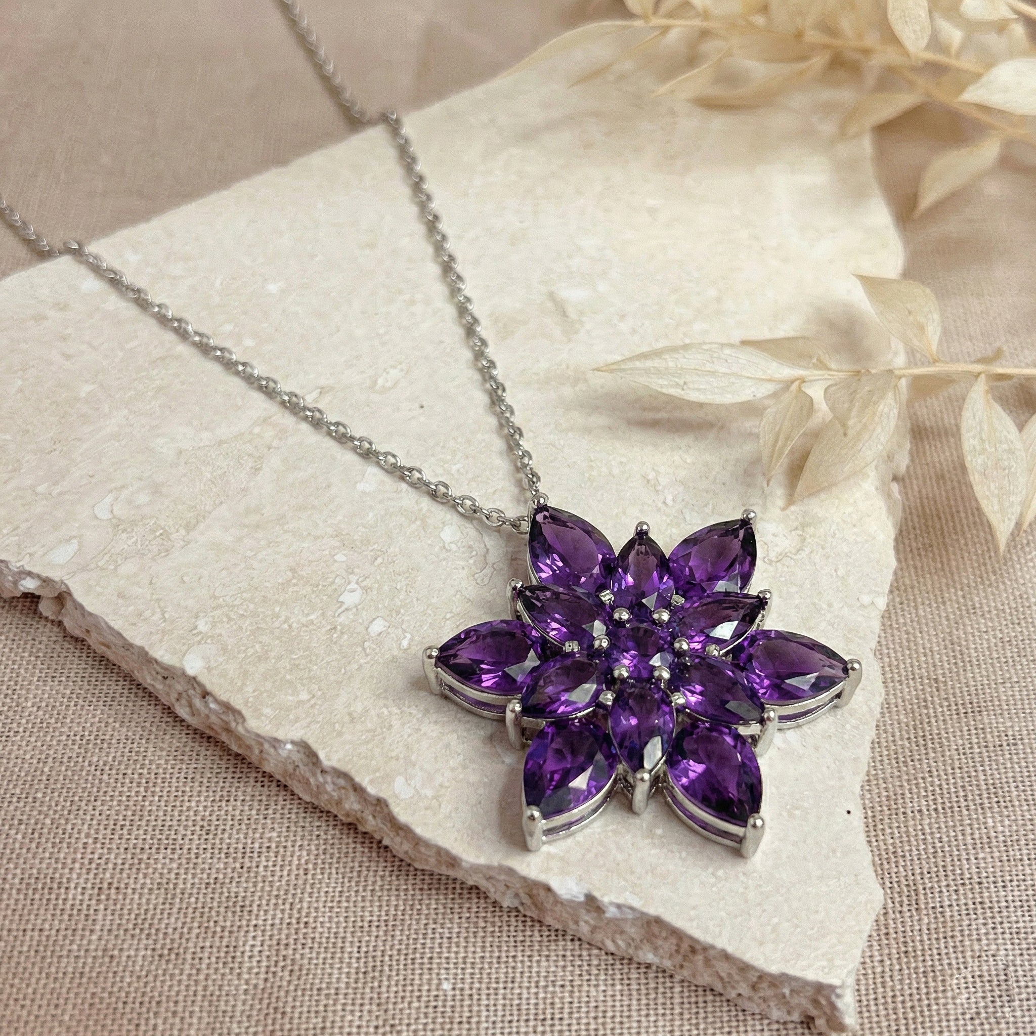 Amethyst Pear Floral Pendant Necklace in 925 Sterling Silver 5.70ct

