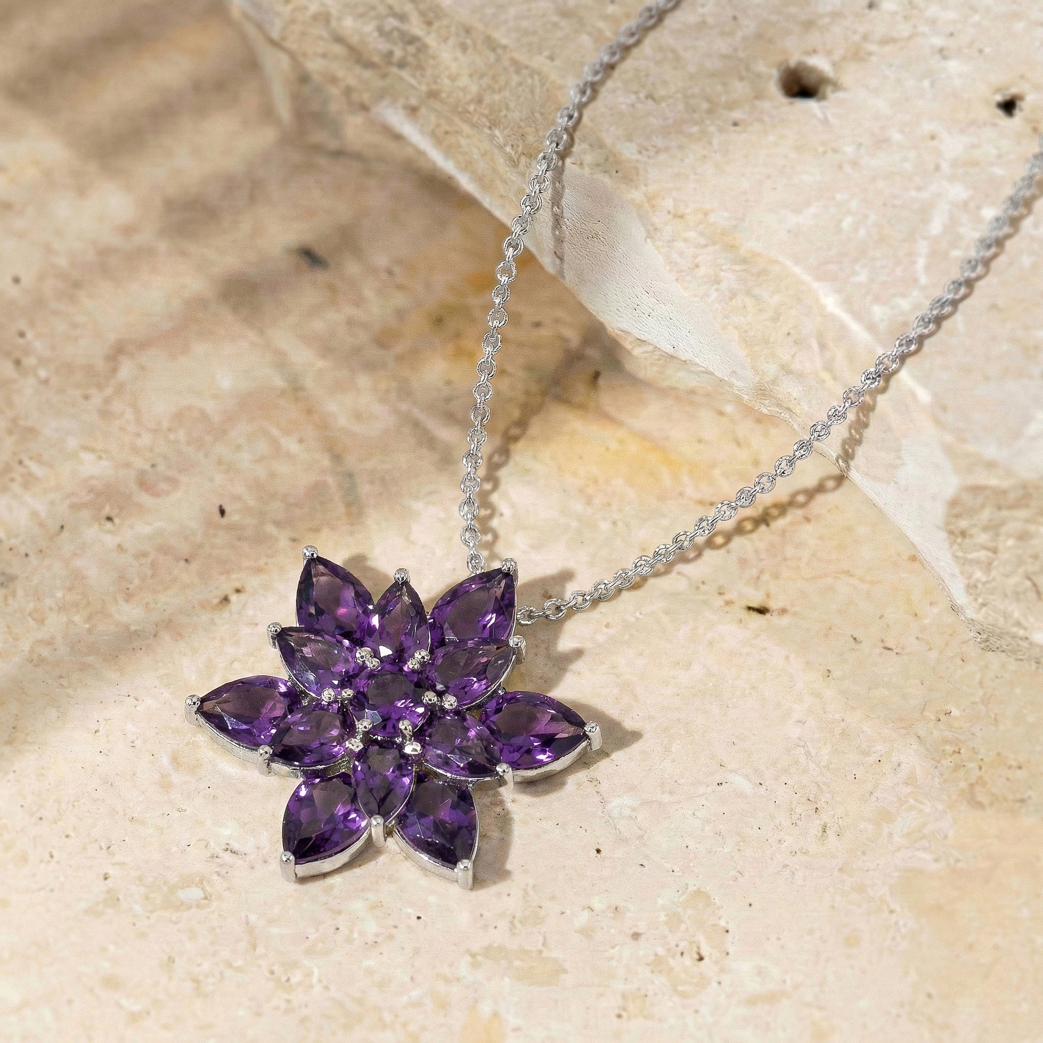 Amethyst Pear Floral Pendant Necklace in 925 Sterling Silver 5.70ct
