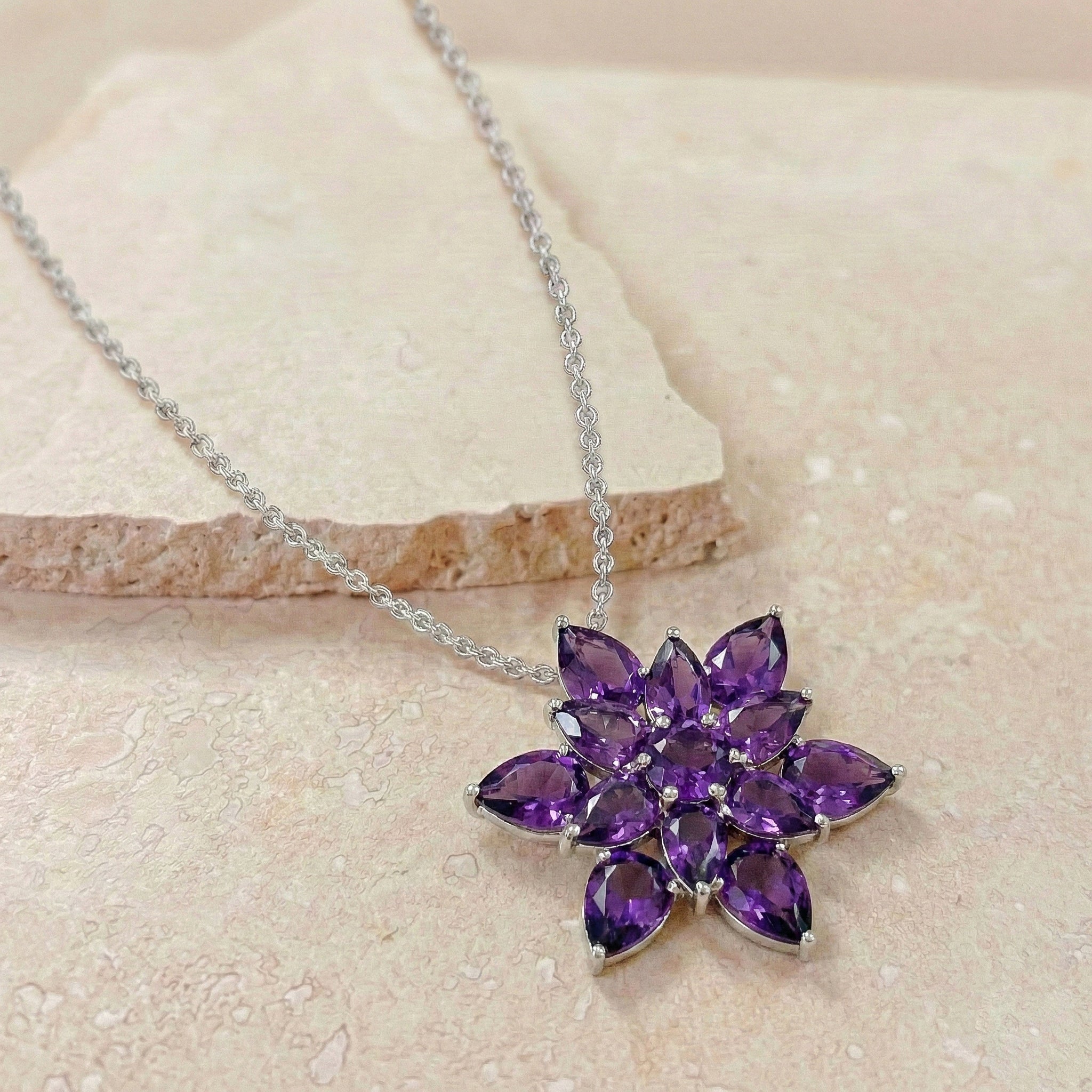 Amethyst Pear Floral Pendant Necklace in 925 Sterling Silver 5.70ct
