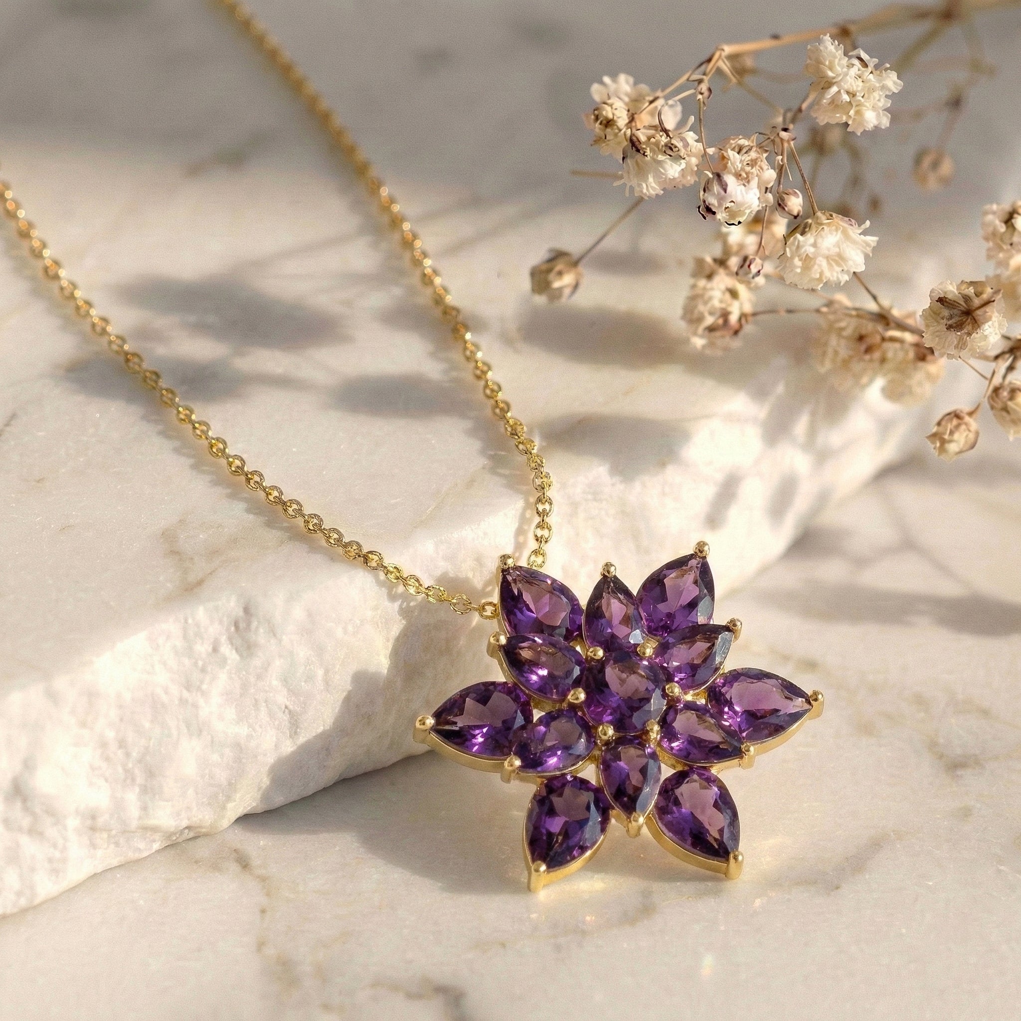 Amethyst Pear Floral Pendant Necklace in 925 Sterling Silver 5.70ct
