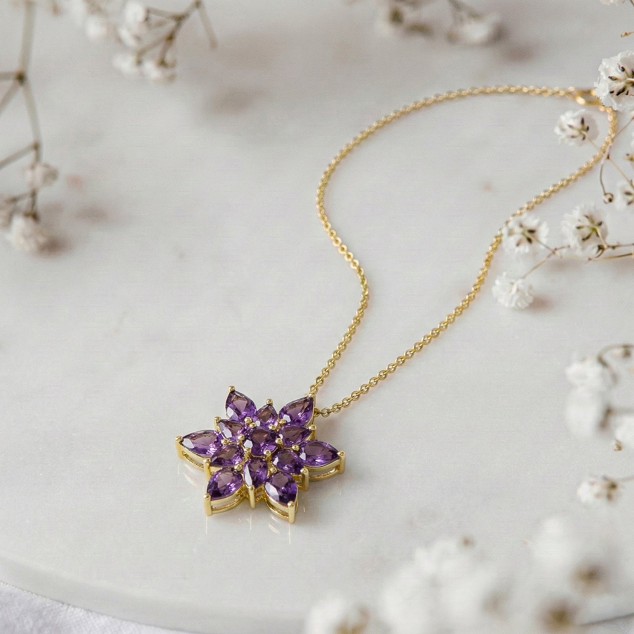 Amethyst Pear Floral Pendant Necklace in 925 Sterling Silver 5.70ct
