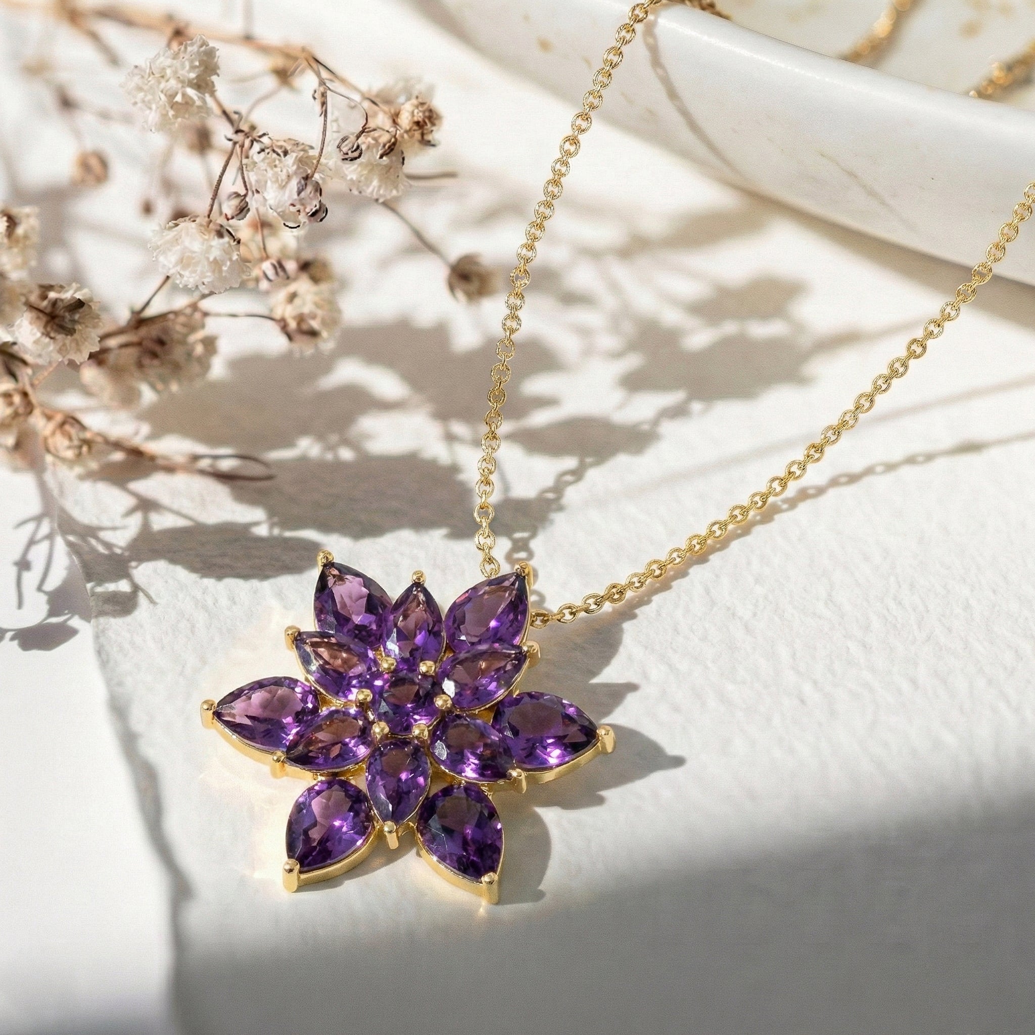 Amethyst Pear Floral Pendant Necklace in 925 Sterling Silver 5.70ct
