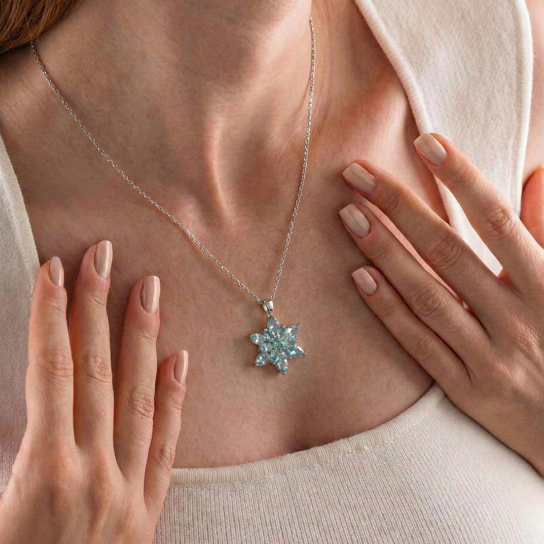 Best Aquamarine Pear Floral Pendant Necklace in 925 Sterling Silver 5.70ct
