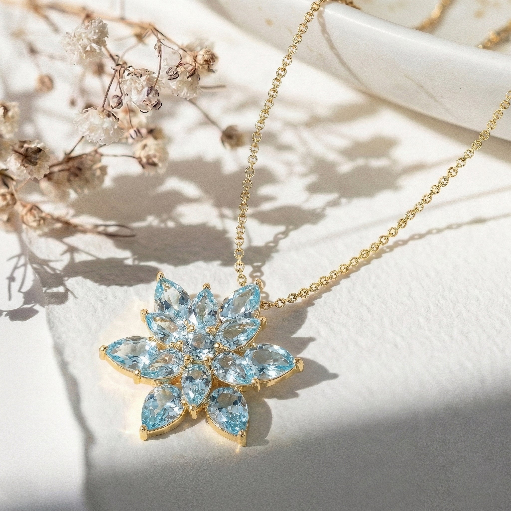Best Aquamarine Pear Floral Pendant Necklace in 925 Sterling Silver 5.70ct
