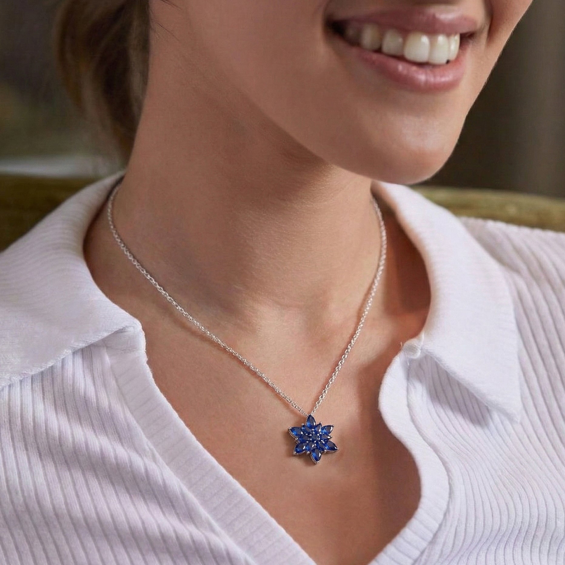 Blue Sapphire Pear Floral Pendant Necklace in 925 Sterling Silver 5.70ct
