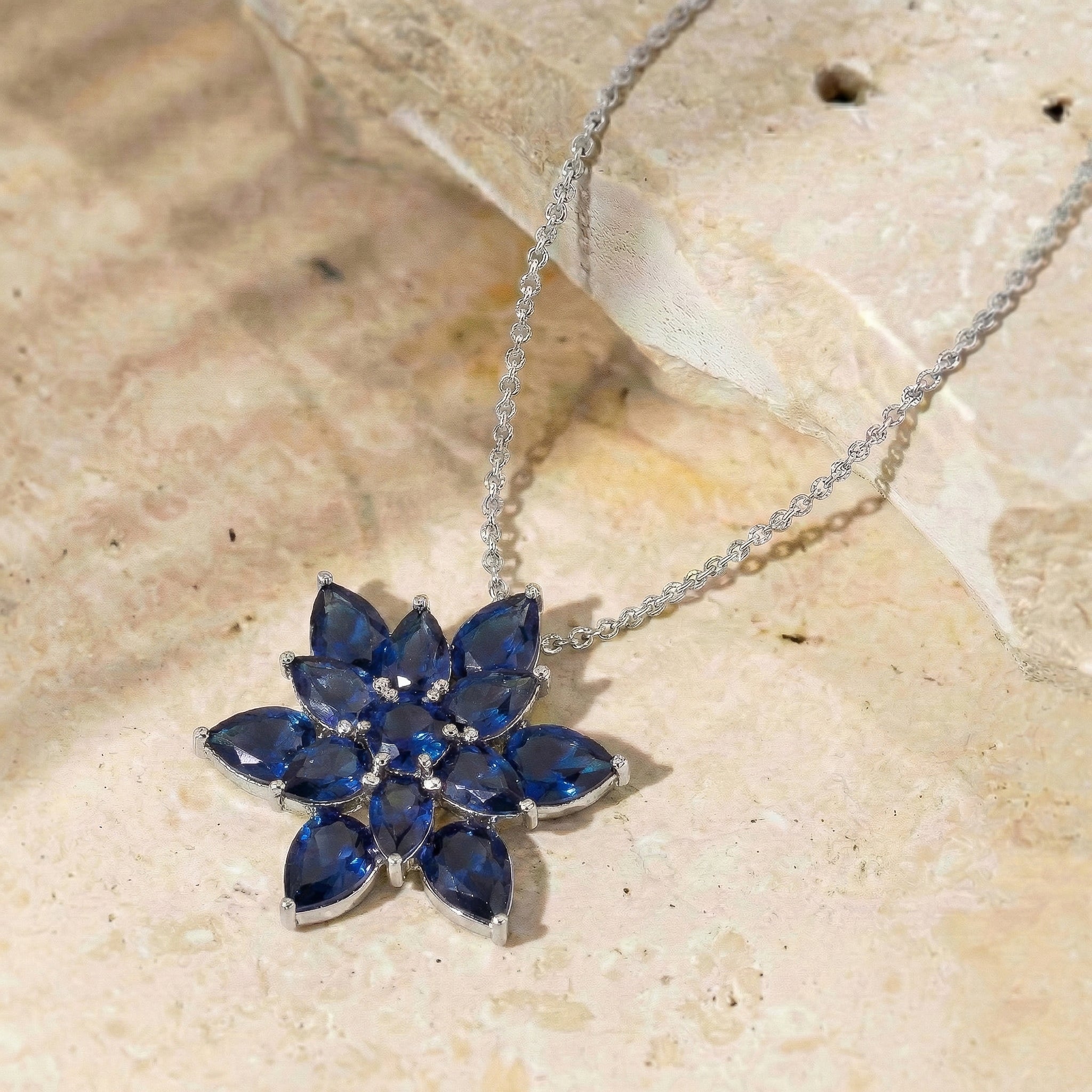 Blue Sapphire Pear Floral Pendant Necklace in 925 Sterling Silver 5.70ct
