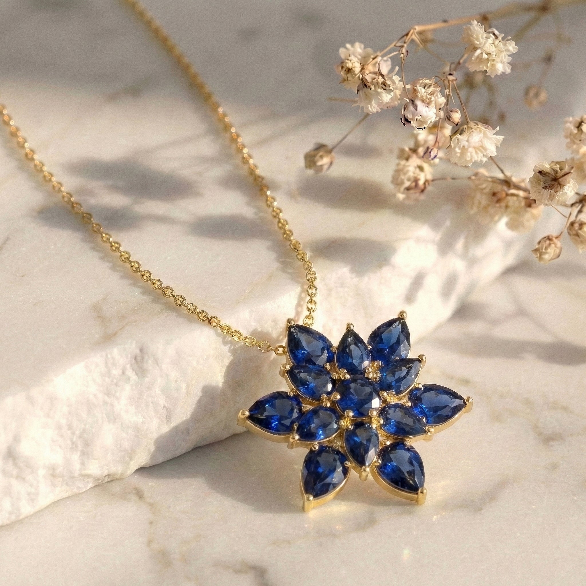 Blue Sapphire Pear Floral Pendant Necklace in 925 Sterling Silver 5.70ct
