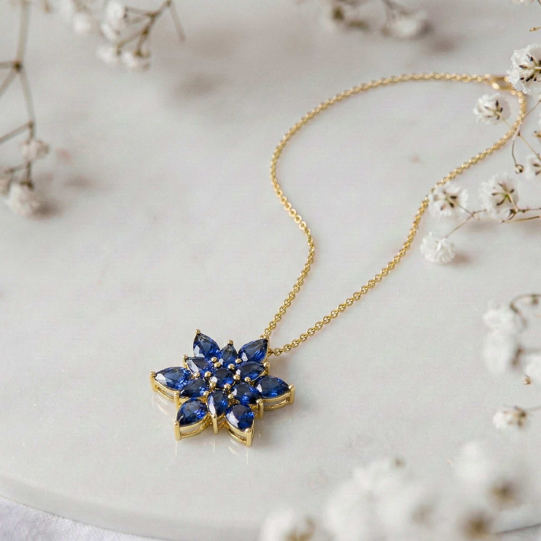 Blue Sapphire Pear Floral Pendant Necklace in 925 Sterling Silver 5.70ct
