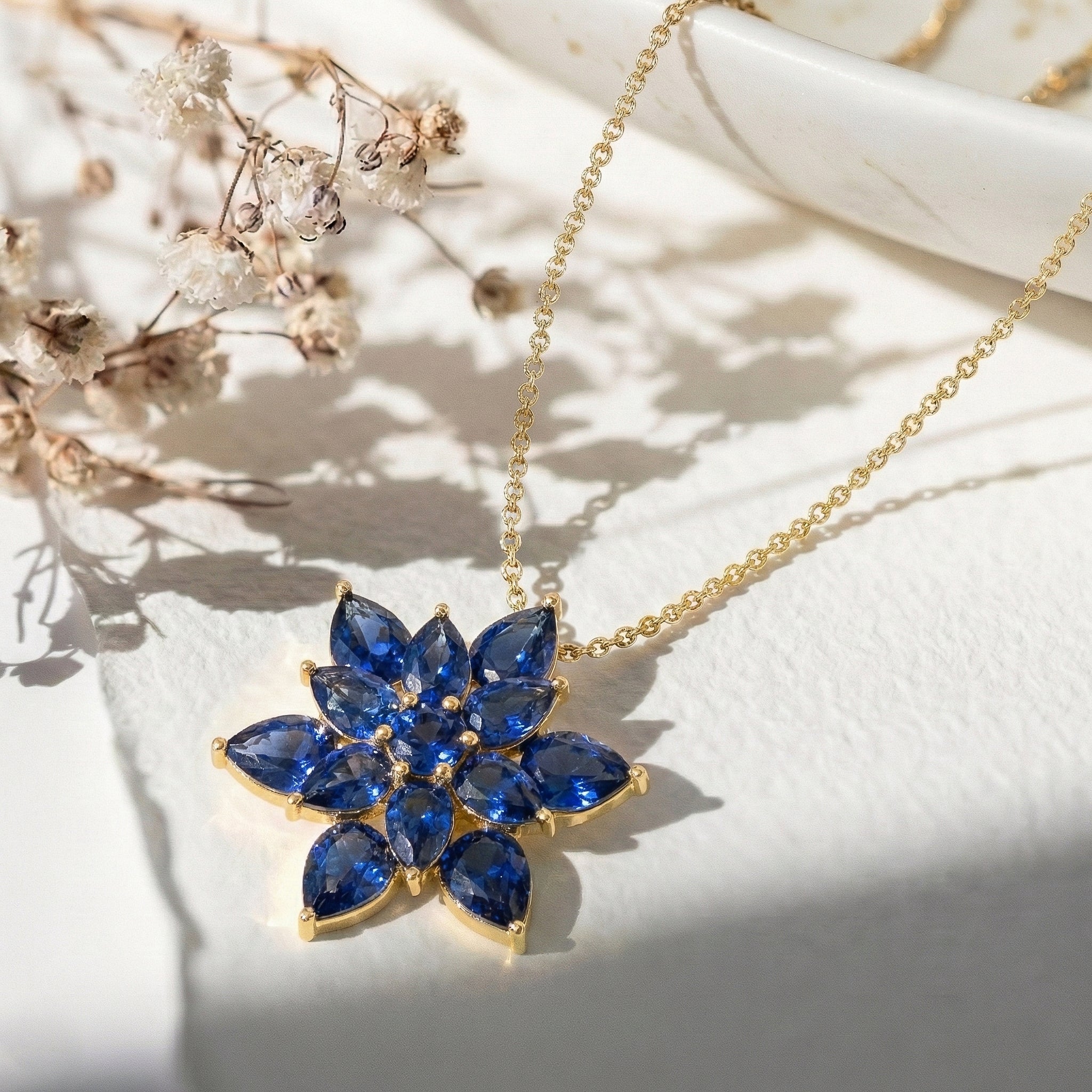Blue Sapphire Pear Floral Pendant Necklace in 925 Sterling Silver 5.70ct

