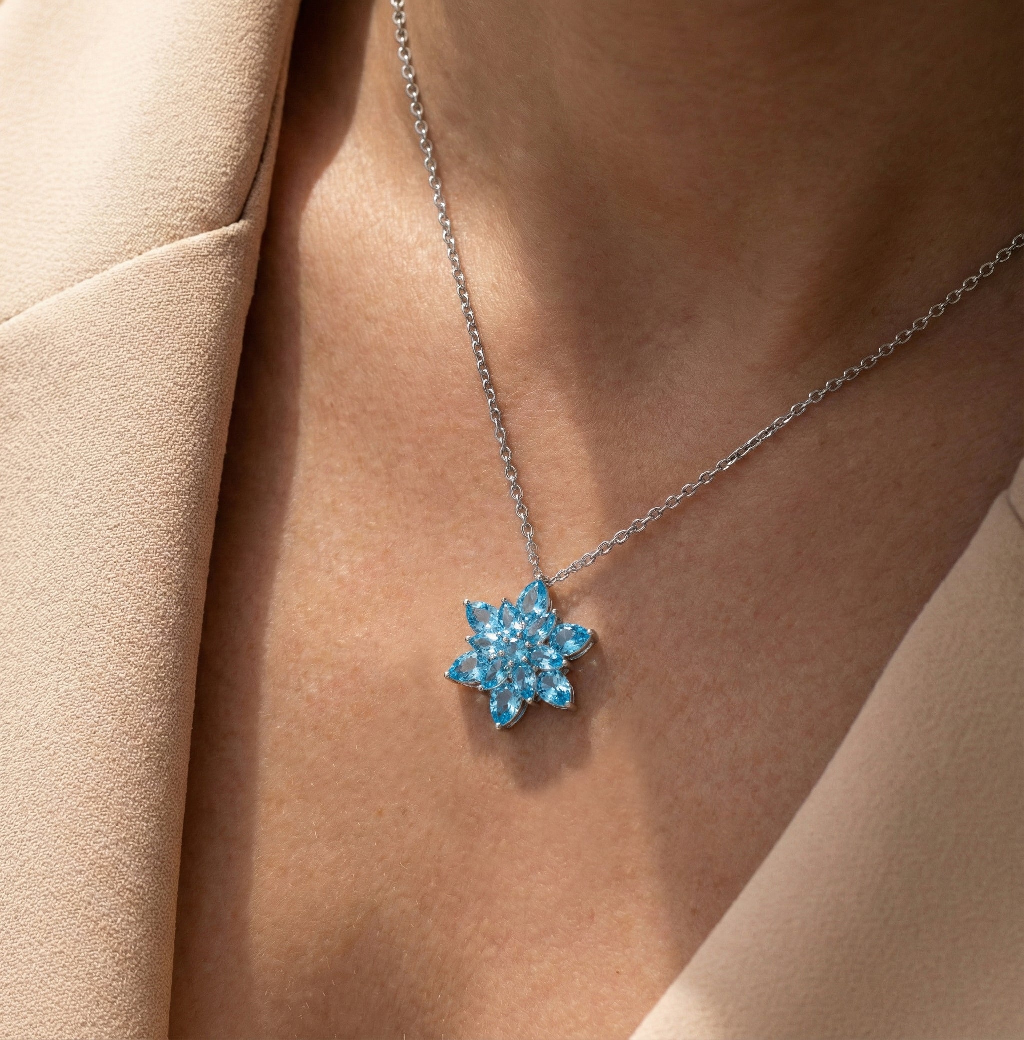 Blue Topaz Pear Floral Pendant Necklace in 925 Sterling Silver 5.70ct
