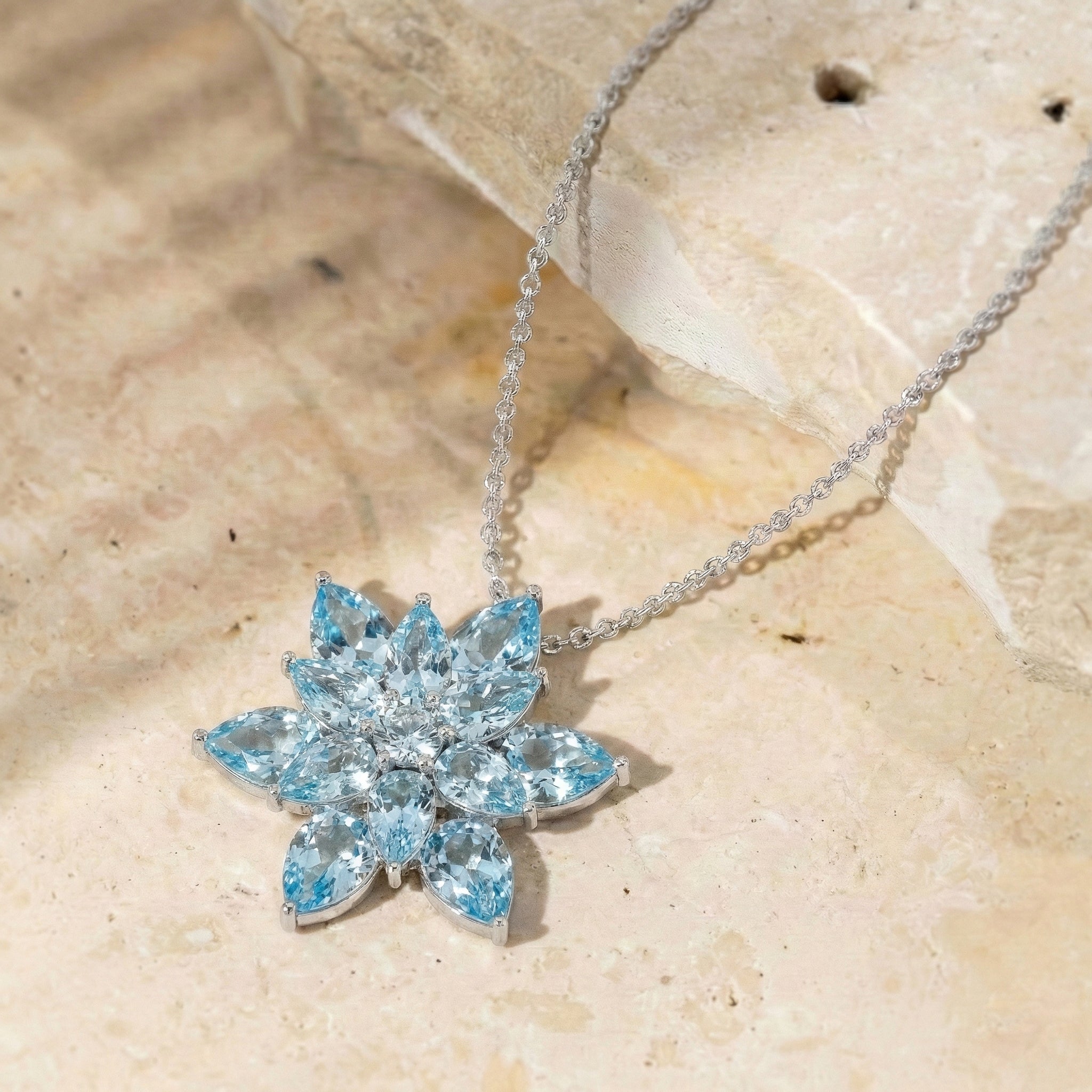 Blue Topaz Pear Floral Pendant Necklace in 925 Sterling Silver 5.70ct
