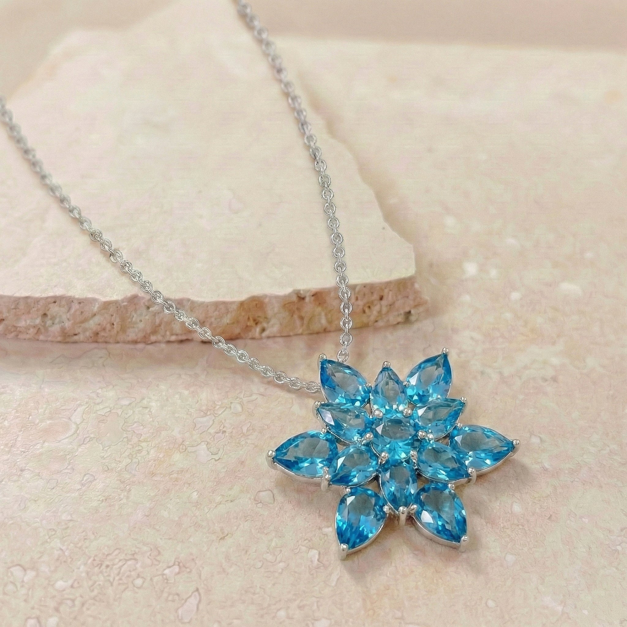 Blue Topaz Pear Floral Pendant Necklace in 925 Sterling Silver 5.70ct
