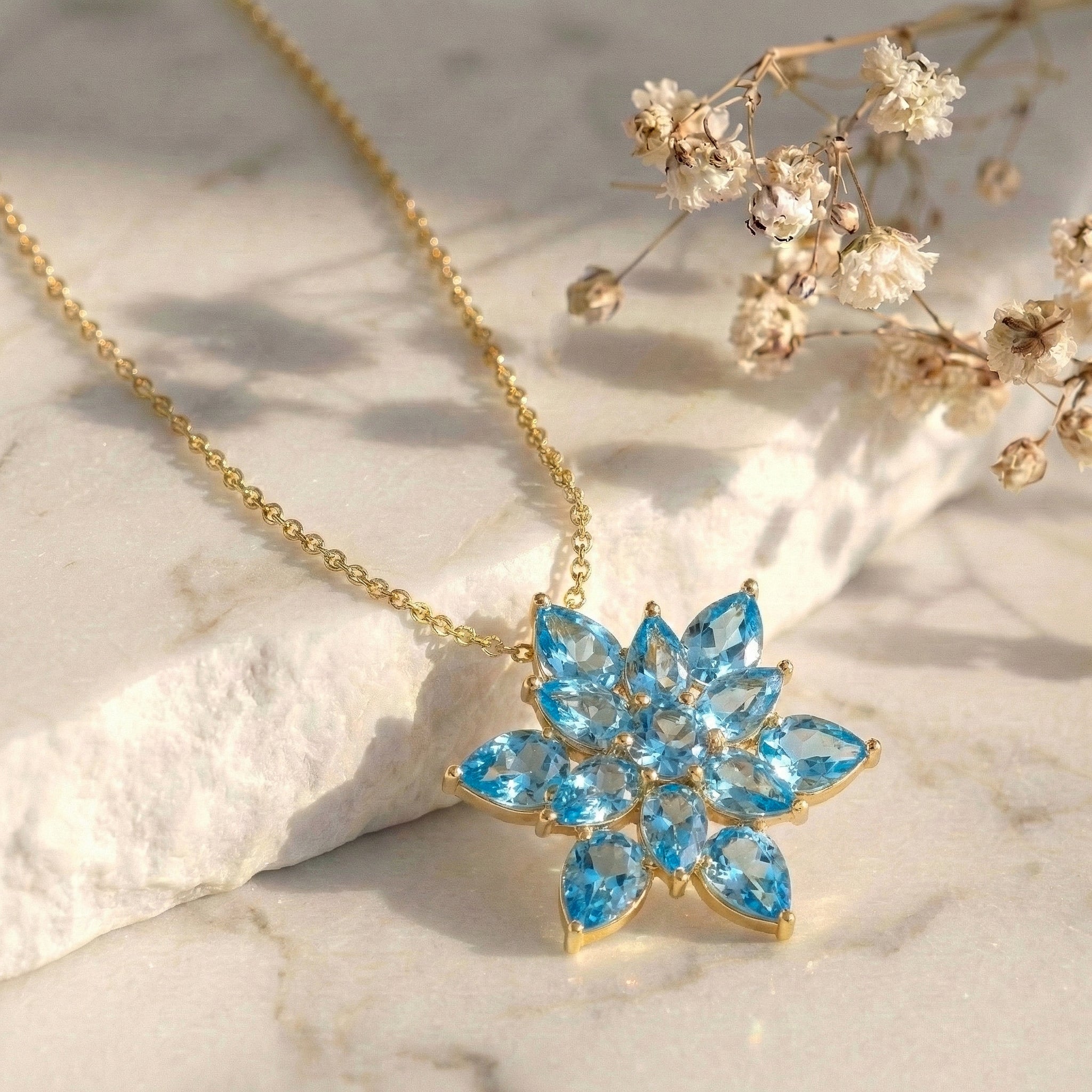 Blue Topaz Pear Floral Pendant Necklace in 925 Sterling Silver 5.70ct
