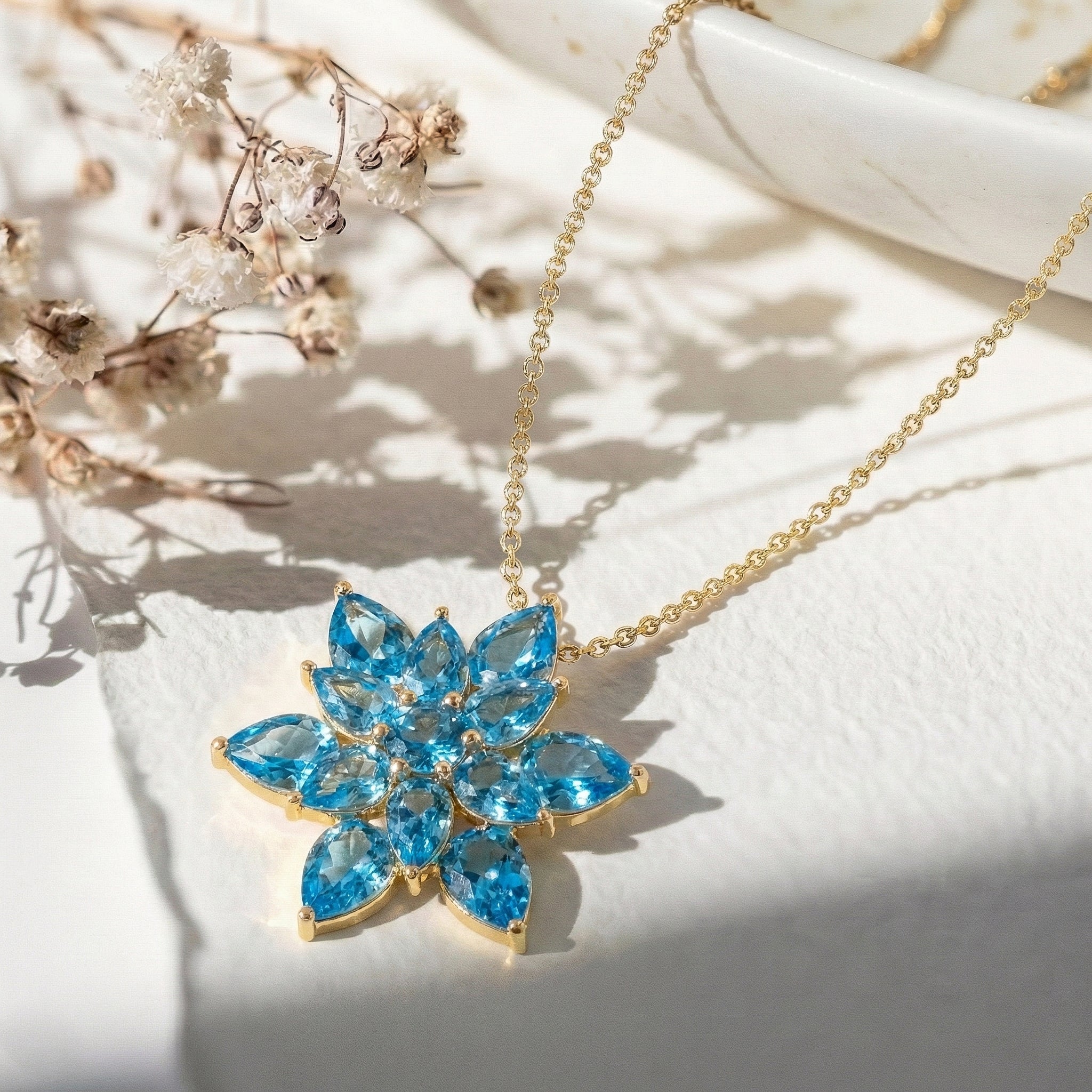 Blue Topaz Pear Floral Pendant Necklace in 925 Sterling Silver 5.70ct
