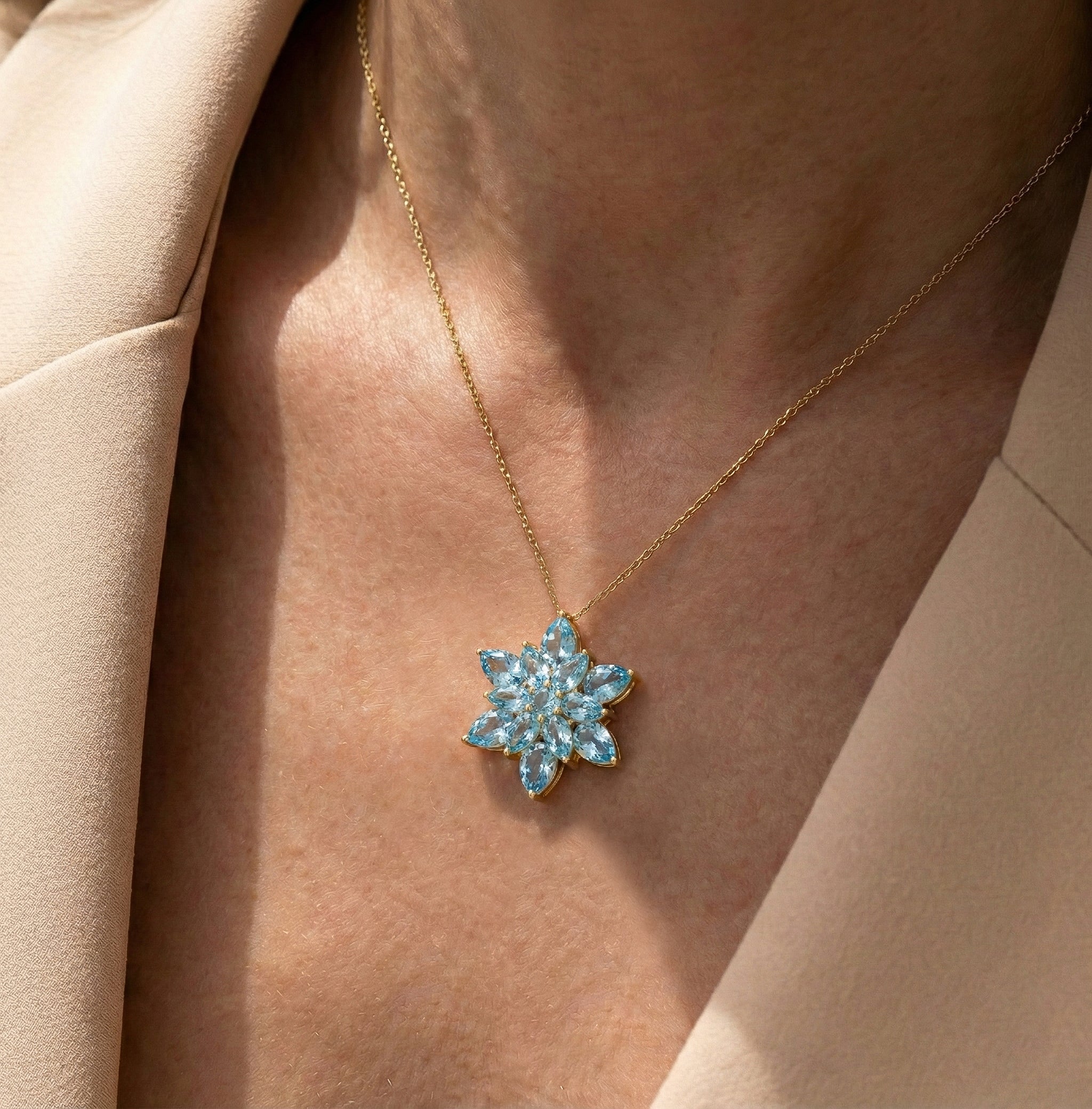 Blue Topaz Pear Floral Pendant Necklace in 925 Sterling Silver 5.70ct
