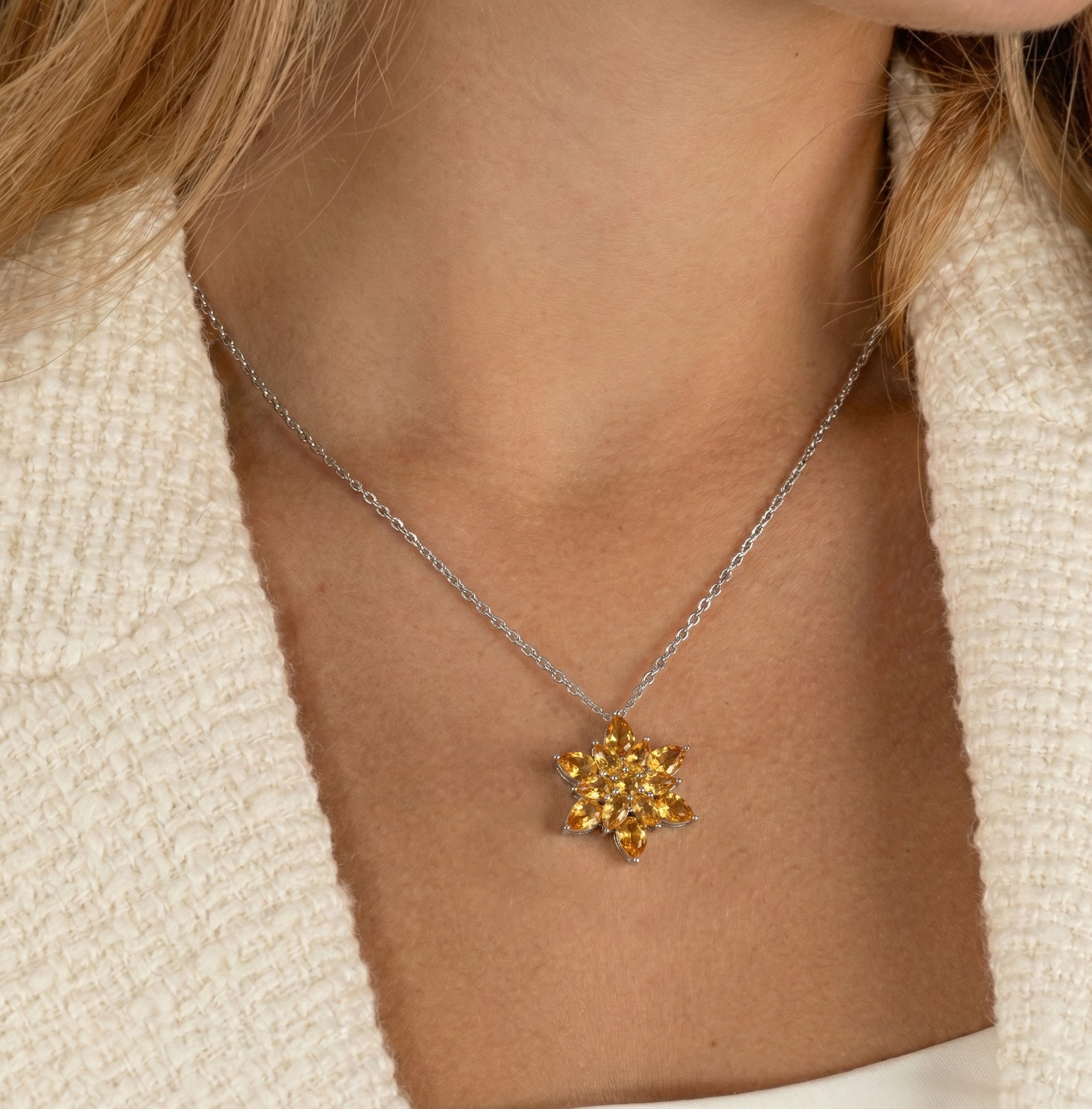 Citrine Pear Floral Pendant Necklace in 925 Sterling Silver 5.70ct
