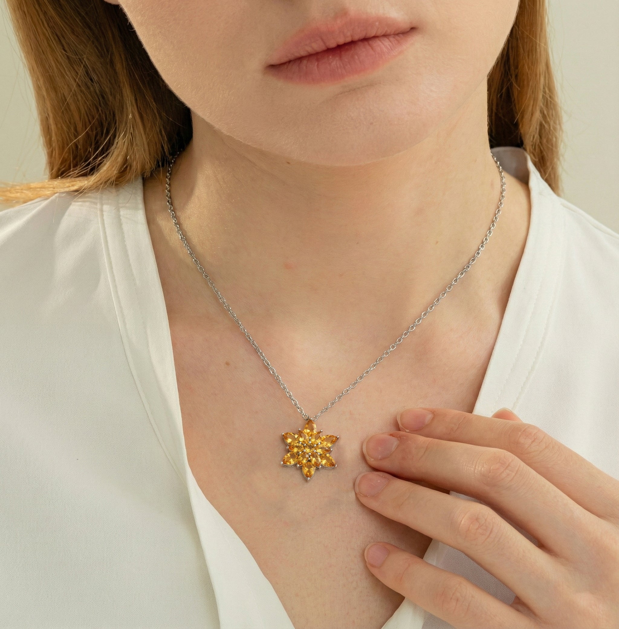 Citrine Pear Floral Pendant Necklace in 925 Sterling Silver 5.70ct
