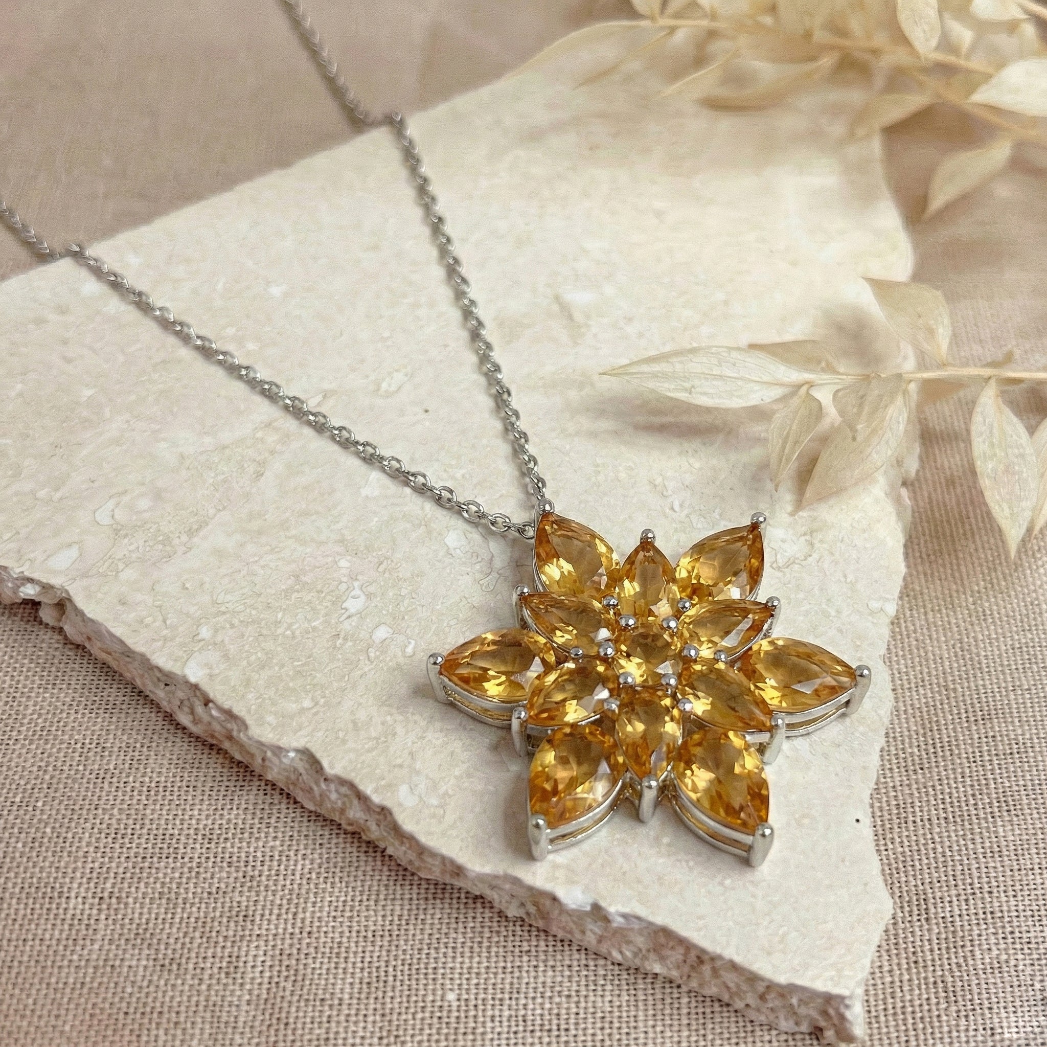 Citrine Pear Floral Pendant Necklace in 925 Sterling Silver 5.70ct
