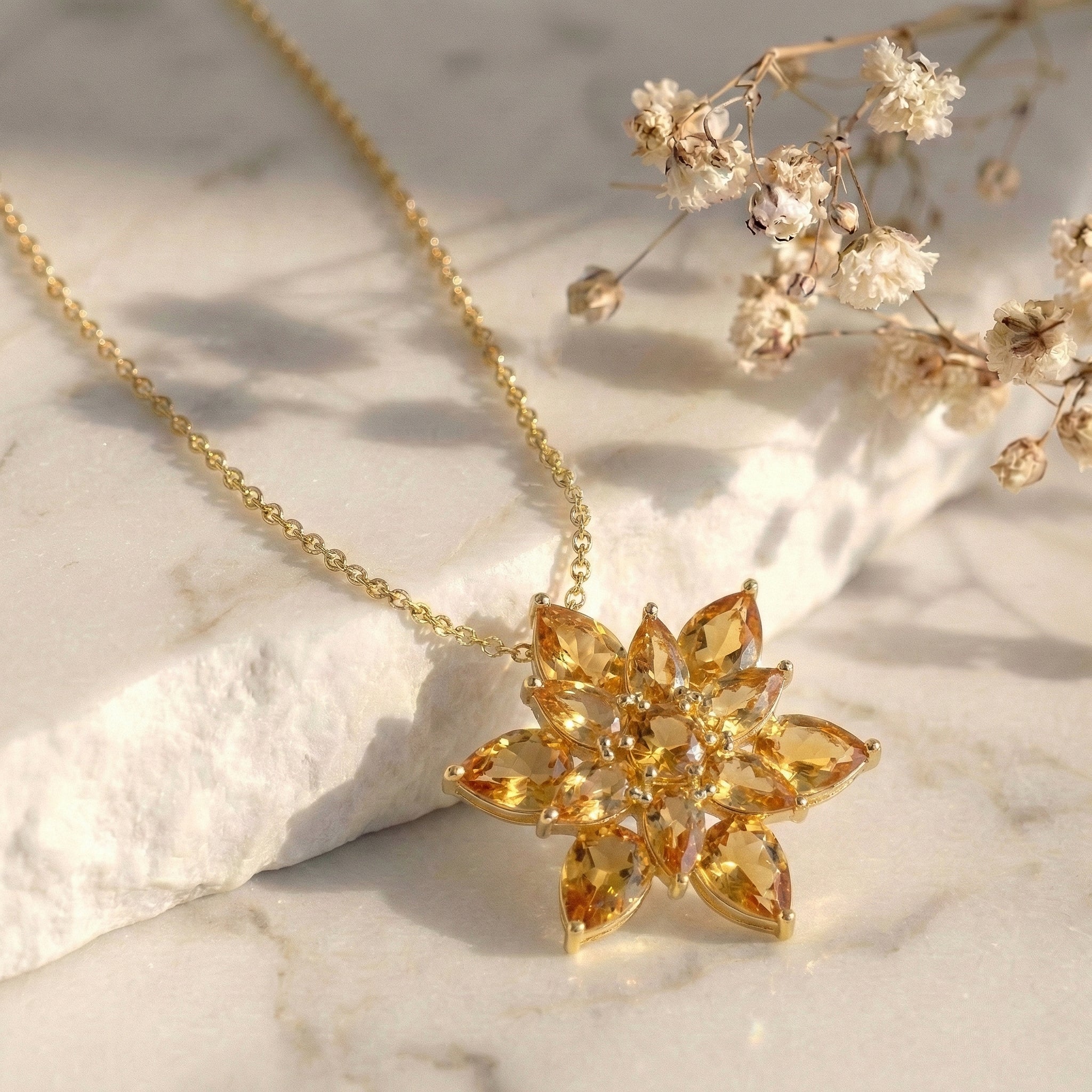 Citrine Pear Floral Pendant Necklace in 925 Sterling Silver 5.70ct
