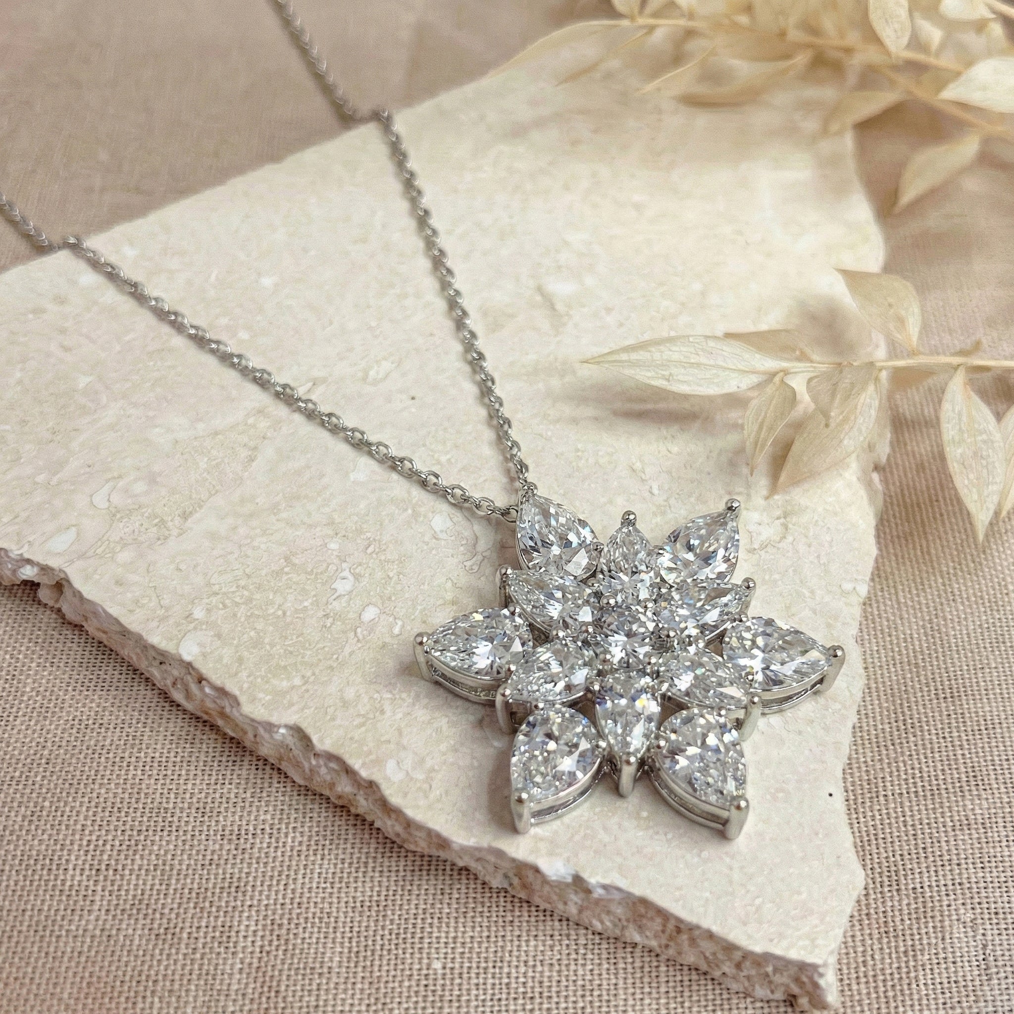 Simulated Diamond Pear Floral Pendant Necklace in 925 Sterling Silver 5.70ct
