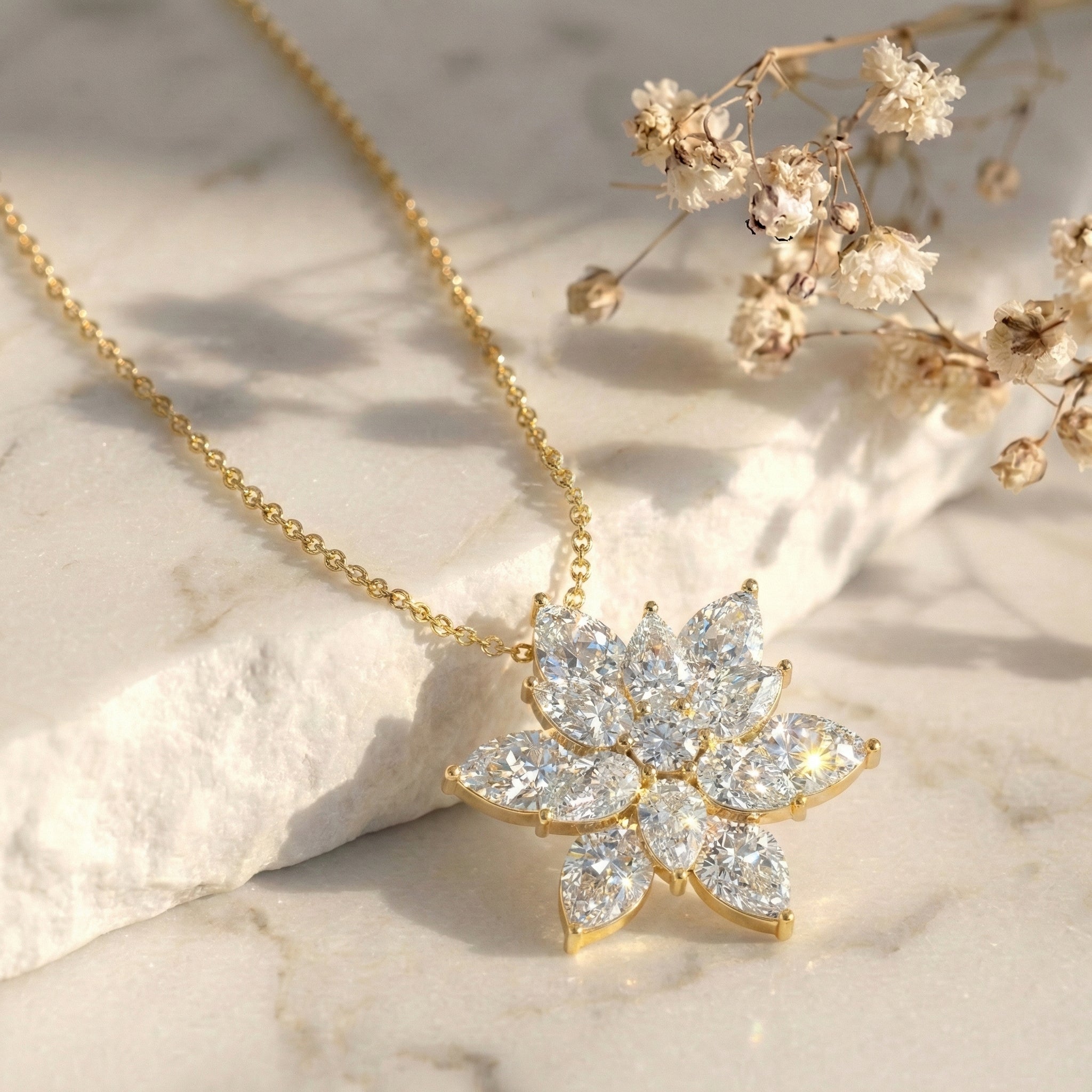 Simulated Diamond Pear Floral Pendant Necklace in 925 Sterling Silver 5.70ct
