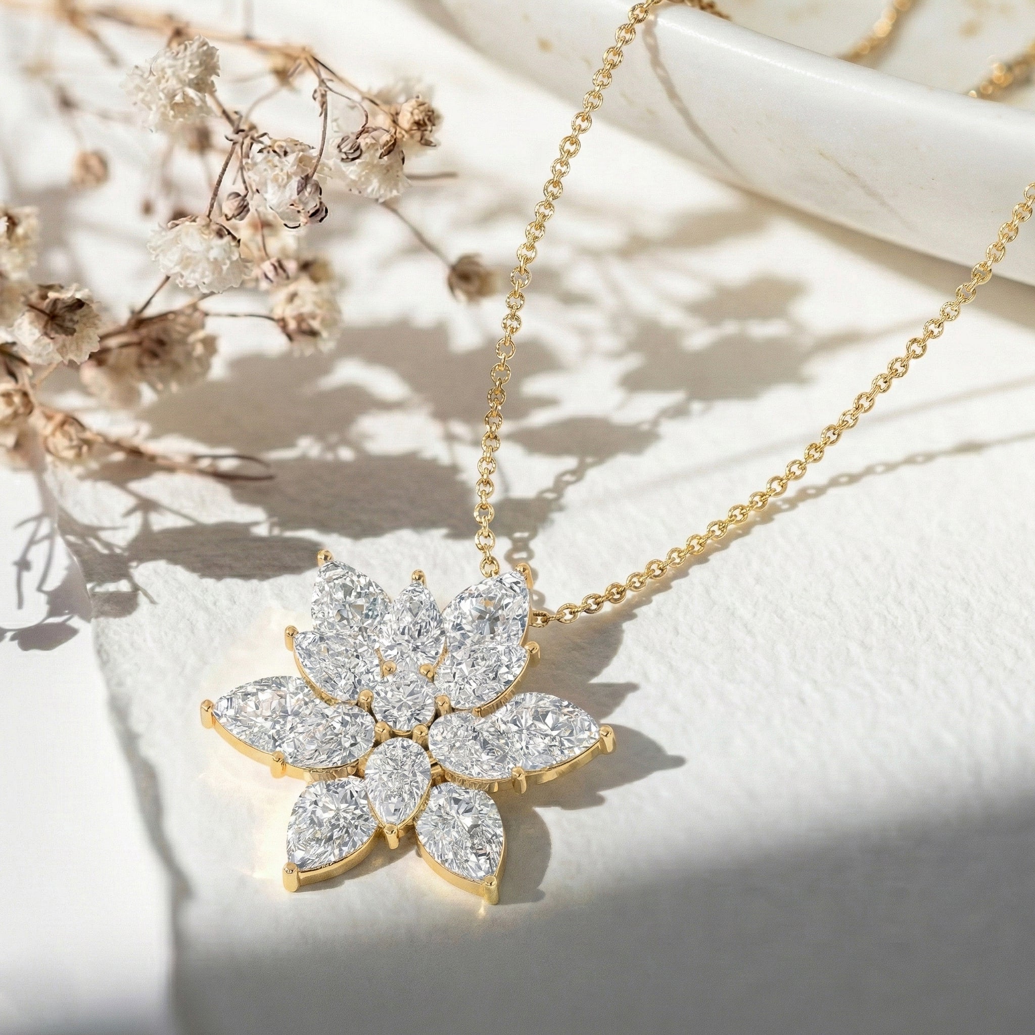 Simulated Diamond Pear Floral Pendant Necklace in 925 Sterling Silver 5.70ct
