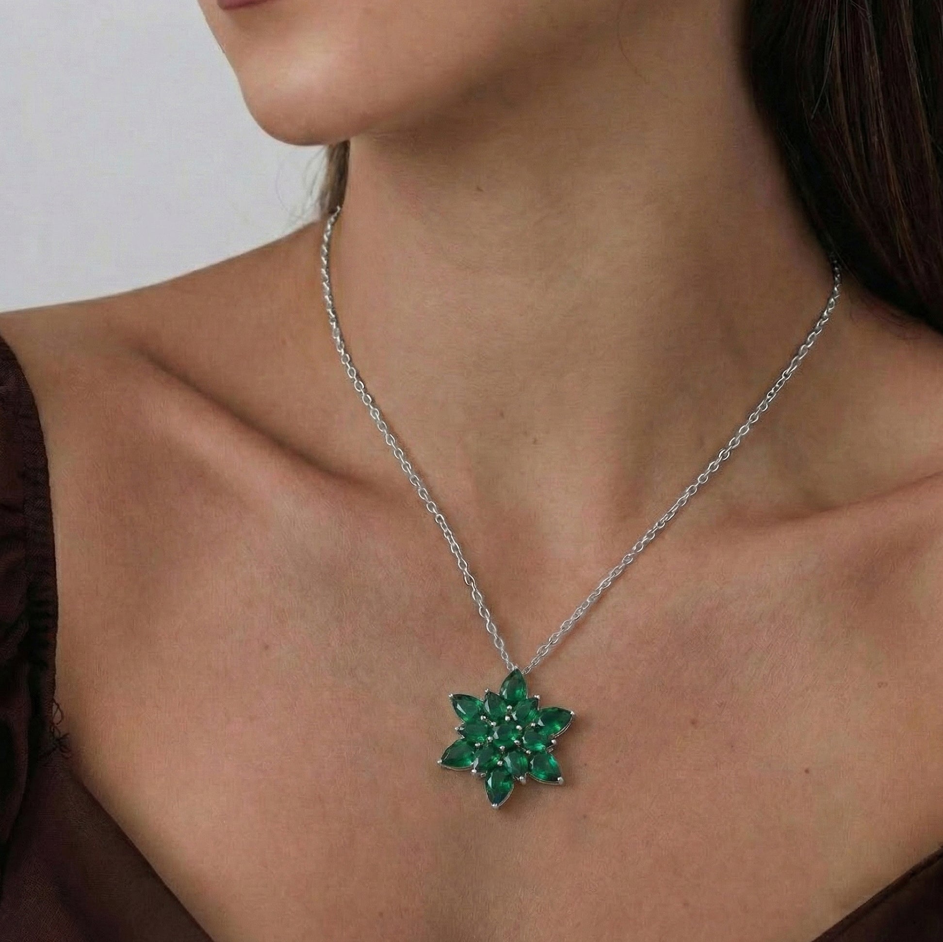 Emerald Pear Floral Pendant Necklace in 925 Sterling Silver 5.70ct
