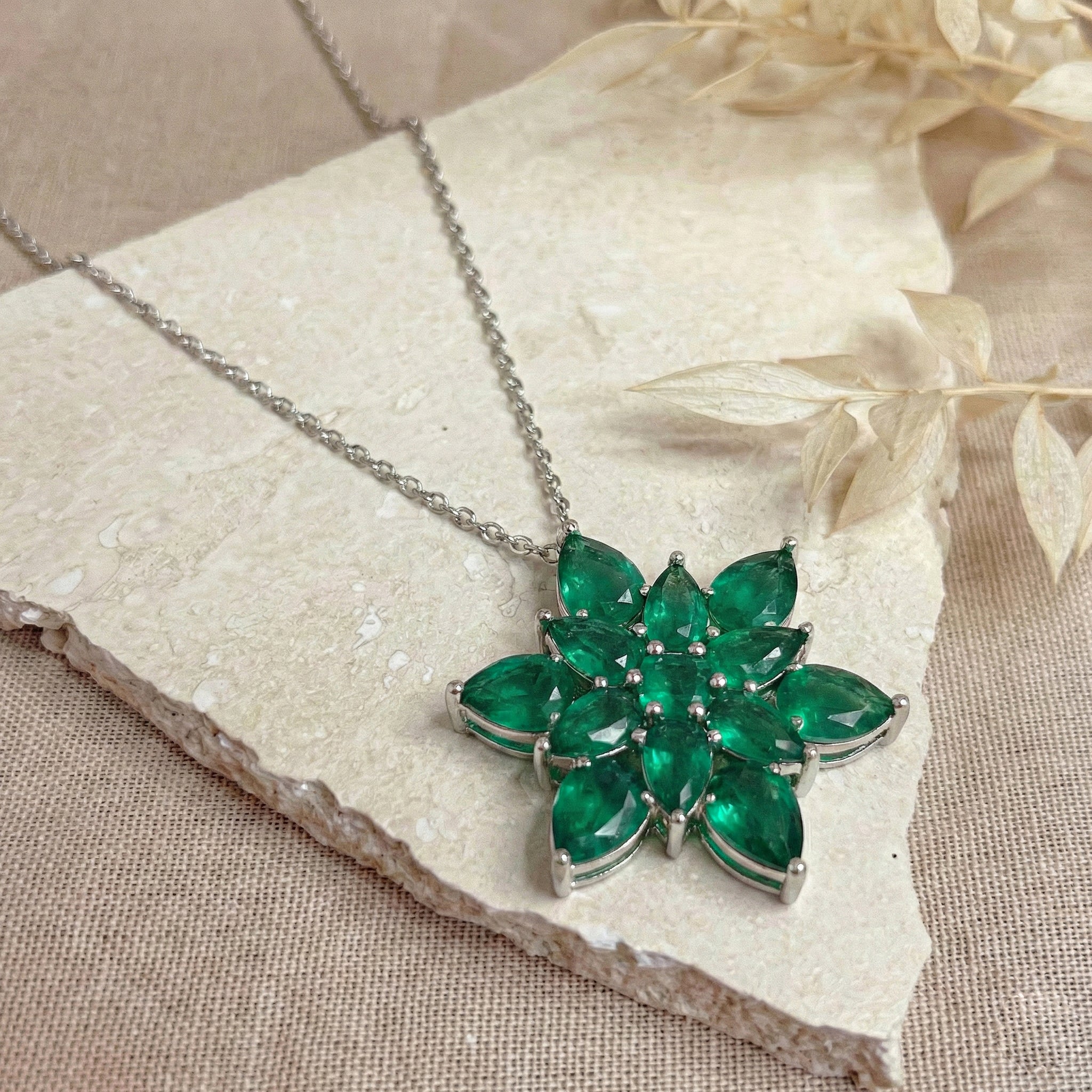 Emerald Pear Floral Pendant Necklace in 925 Sterling Silver 5.70ct
