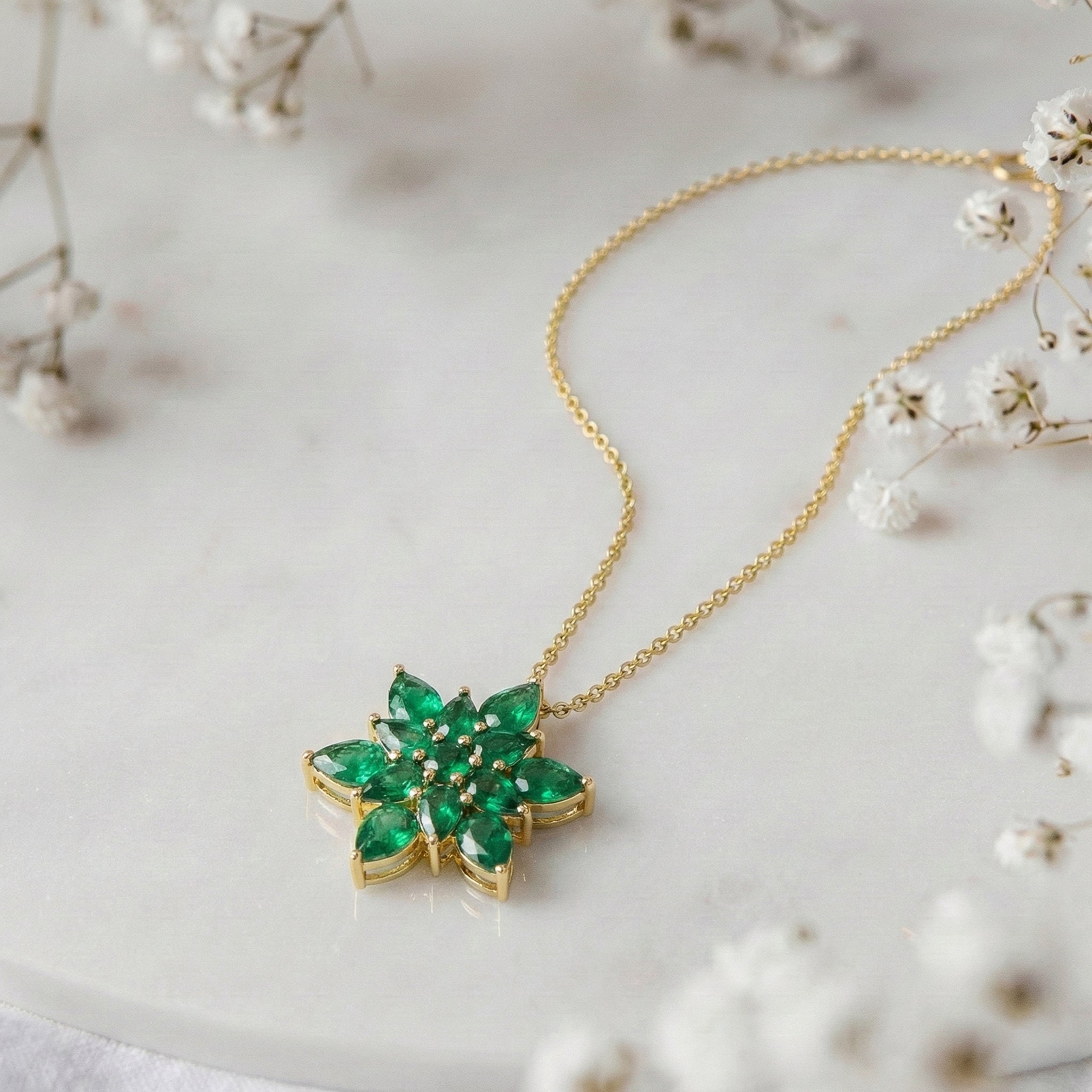 Emerald Pear Floral Pendant Necklace in 925 Sterling Silver 5.70ct
