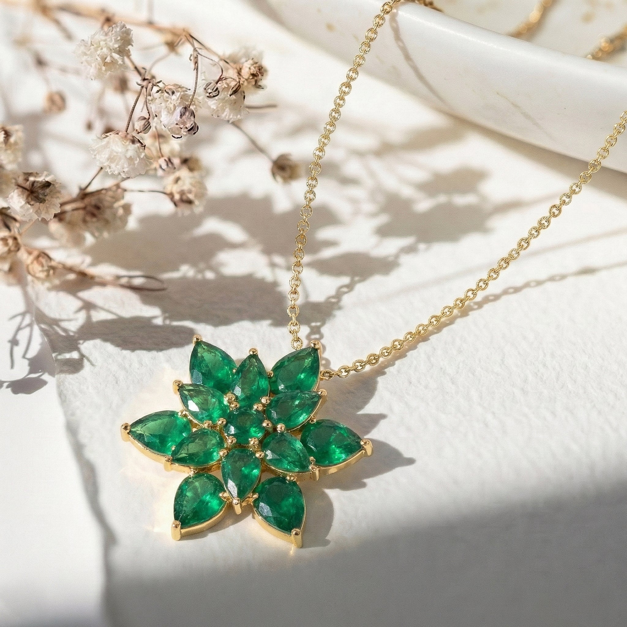 Emerald Pear Floral Pendant Necklace in 925 Sterling Silver 5.70ct
