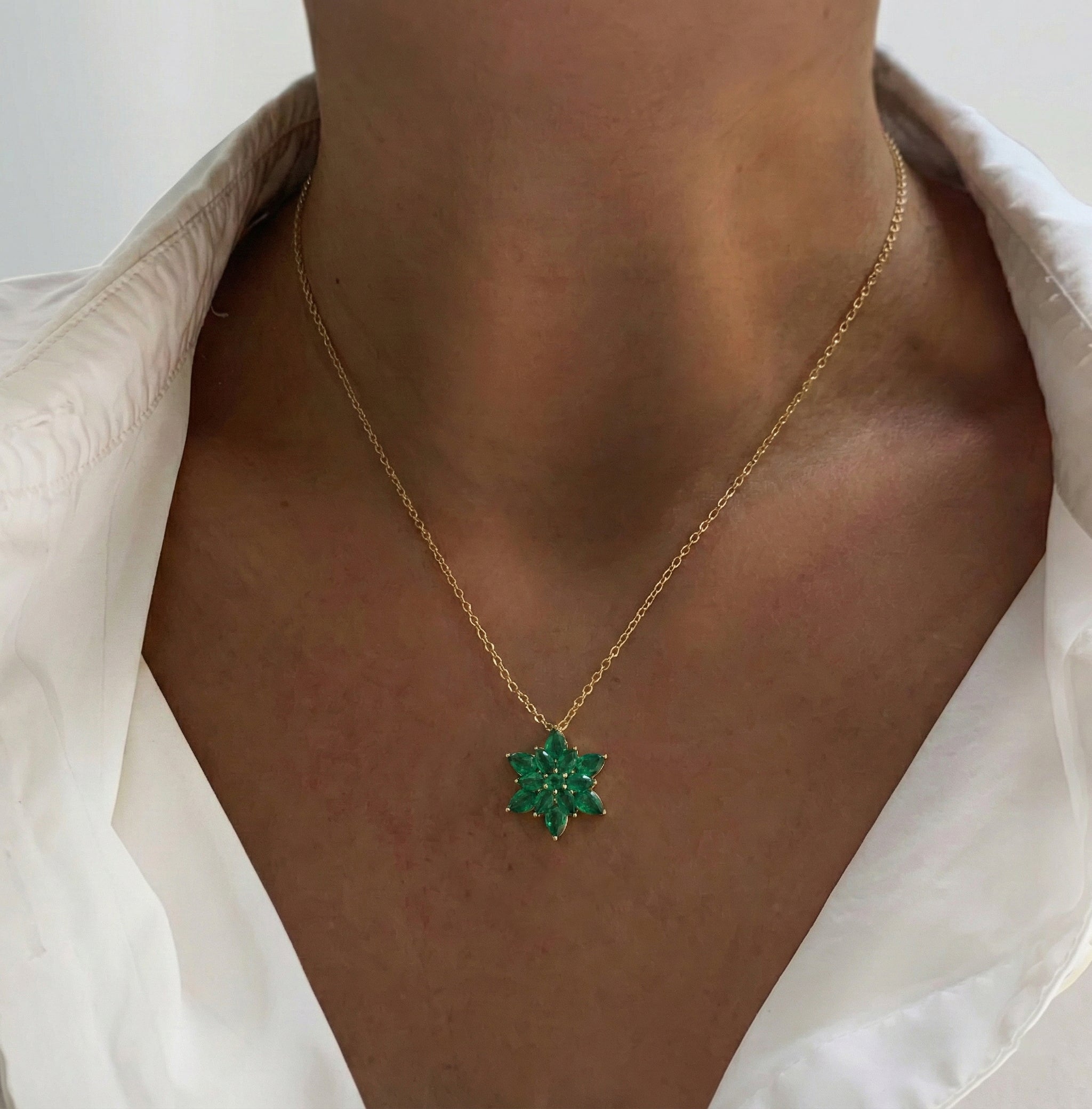 Emerald Pear Floral Pendant Necklace in 925 Sterling Silver 5.70ct
