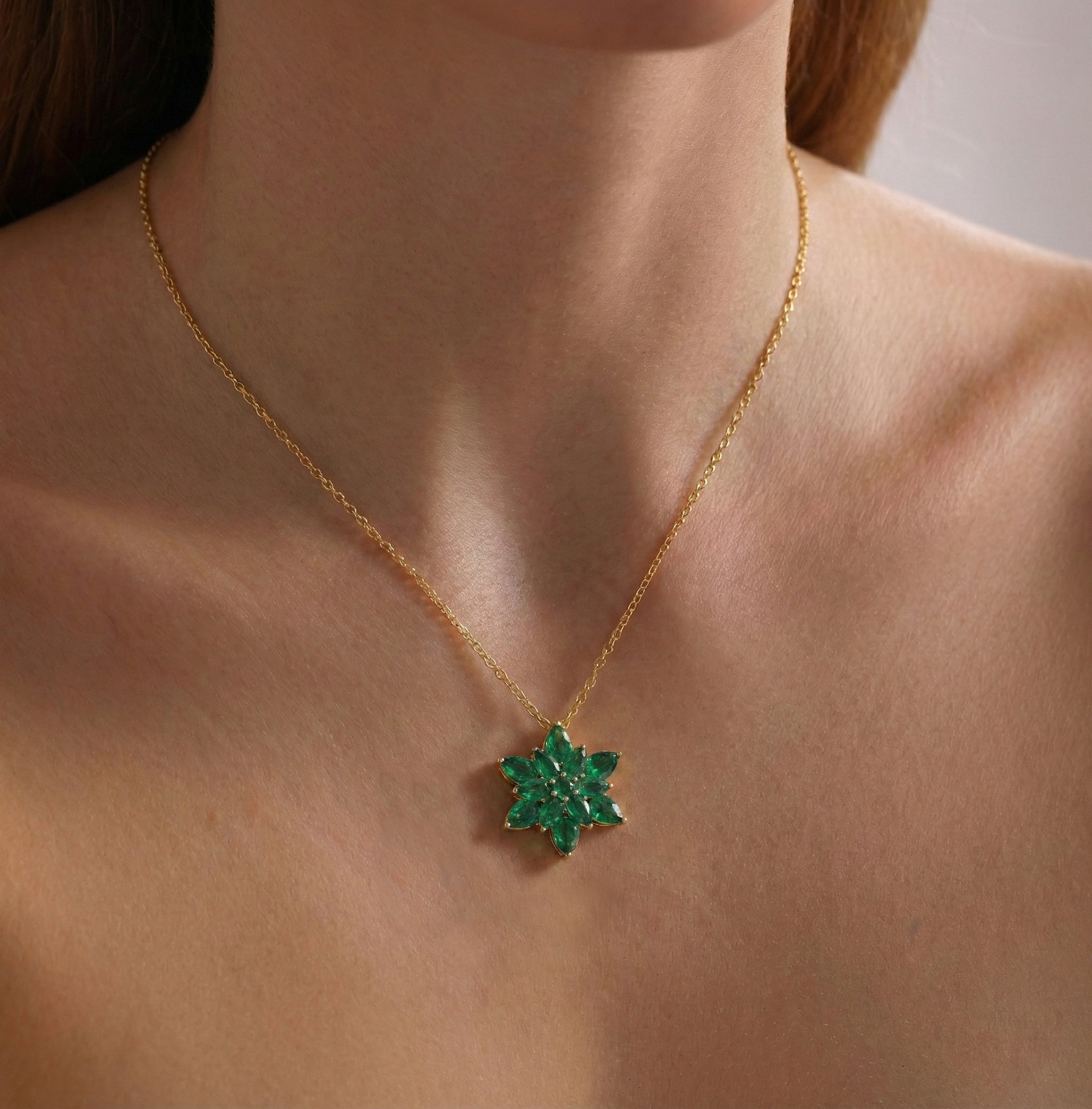 Emerald Pear Floral Pendant Necklace in 925 Sterling Silver 5.70ct
