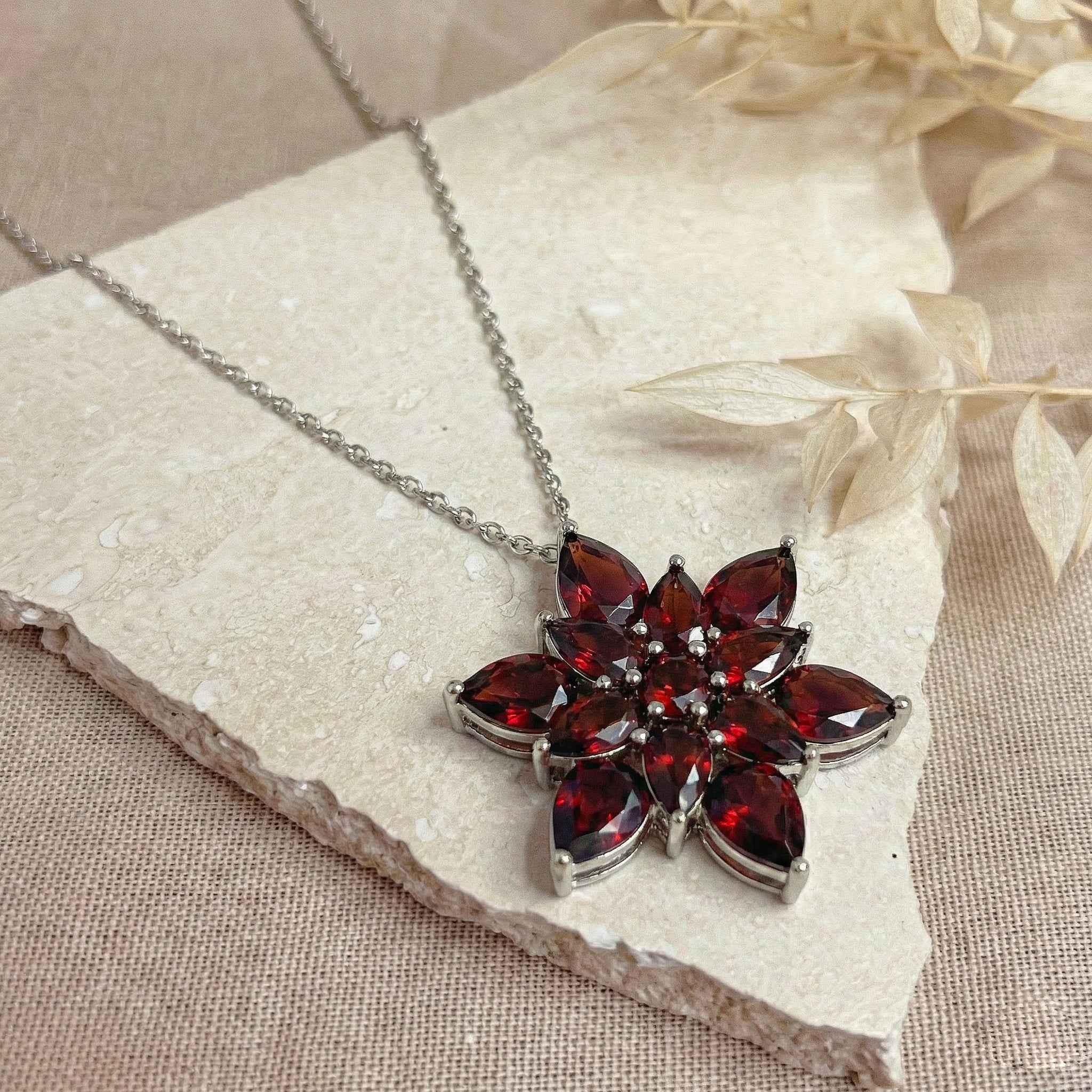 Garnet Pear Floral Pendant Necklace in 925 Sterling Silver 5.70ct
