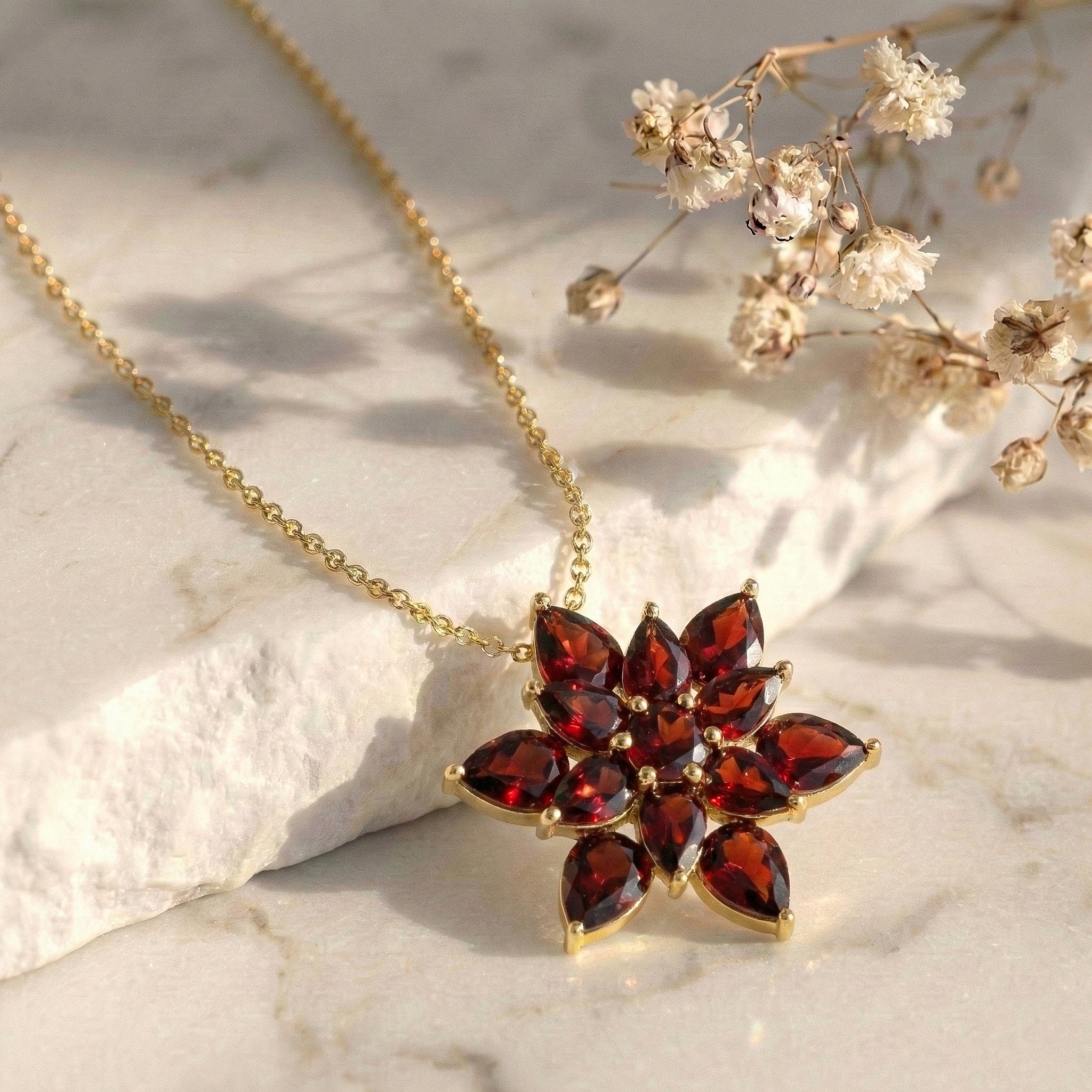 Garnet Pear Floral Pendant Necklace in 925 Sterling Silver 5.70ct
