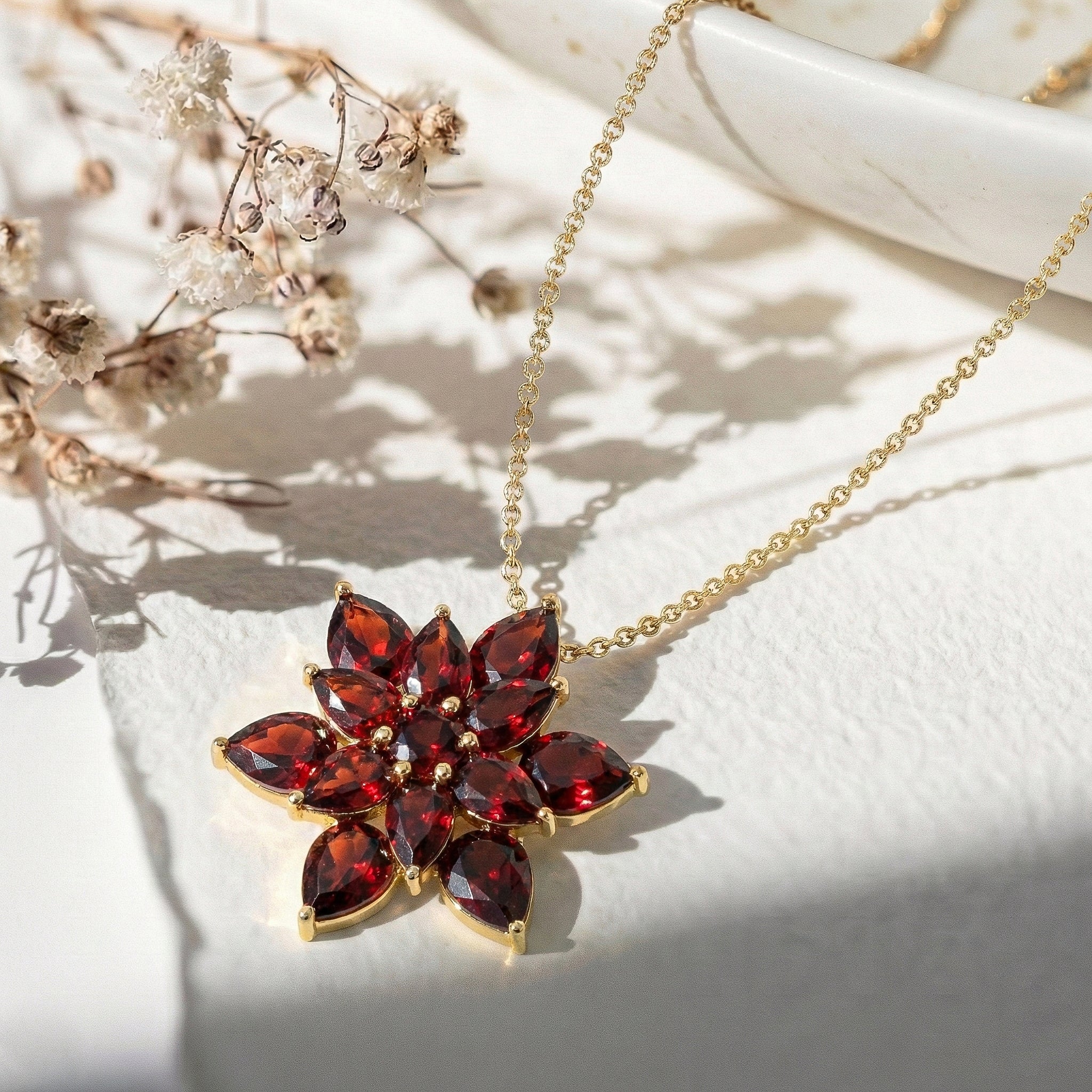 Garnet Pear Floral Pendant Necklace in 925 Sterling Silver 5.70ct
