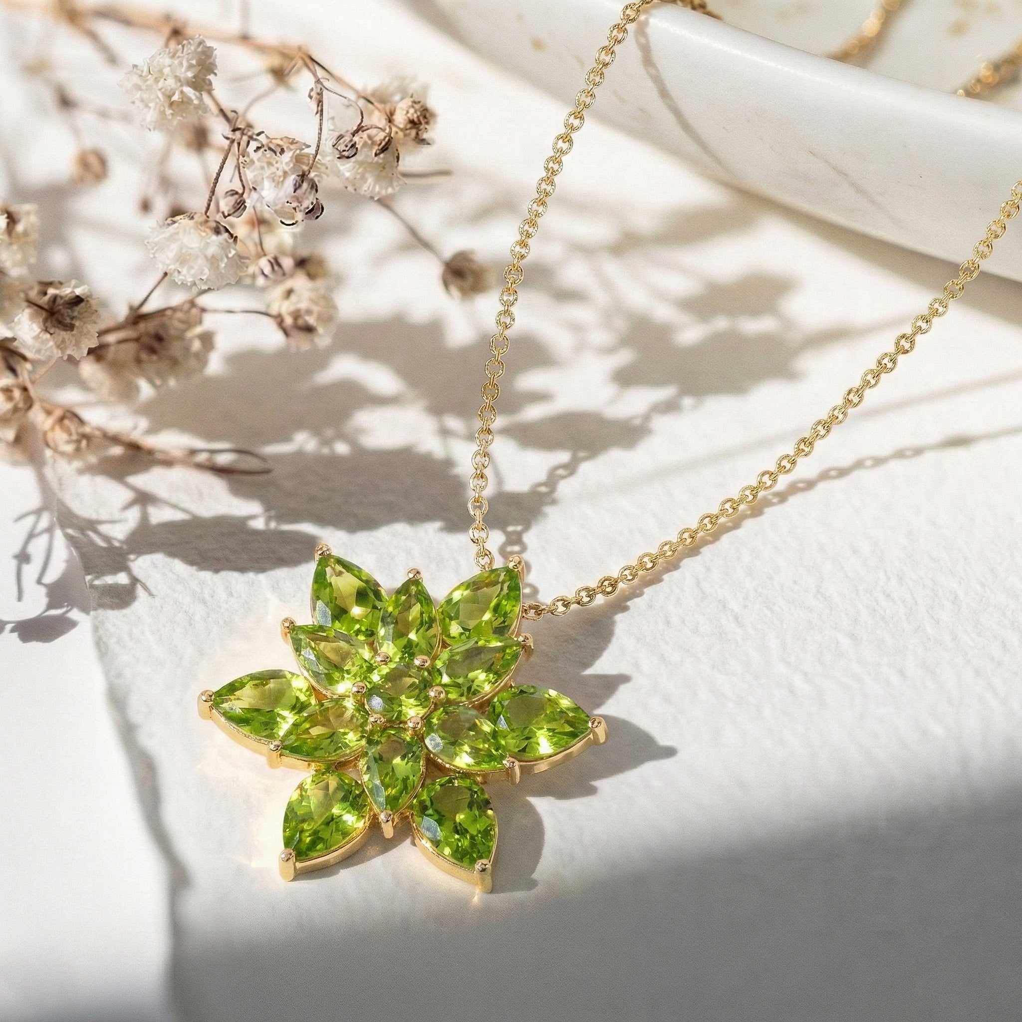 Peridot Pear Floral Pendant Necklace in 925 Sterling Silver 5.70ct
